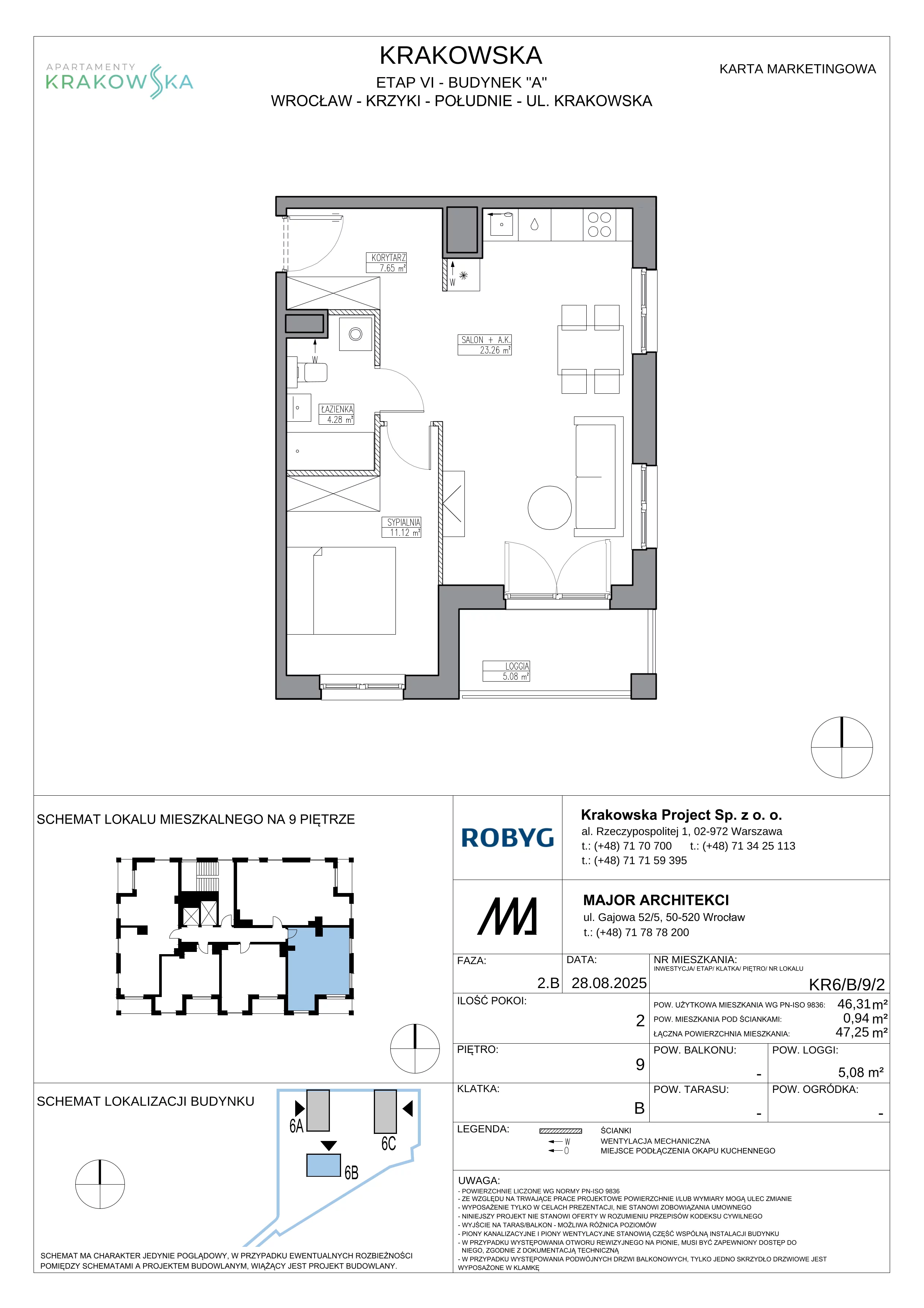 2 pokoje, mieszkanie 46,31 m², piętro 9, oferta nr KR6/B/9/2, Apartamenty Krakowska 6, Wrocław, Przedmieście Oławskie, Krzyki, ul. Krakowska