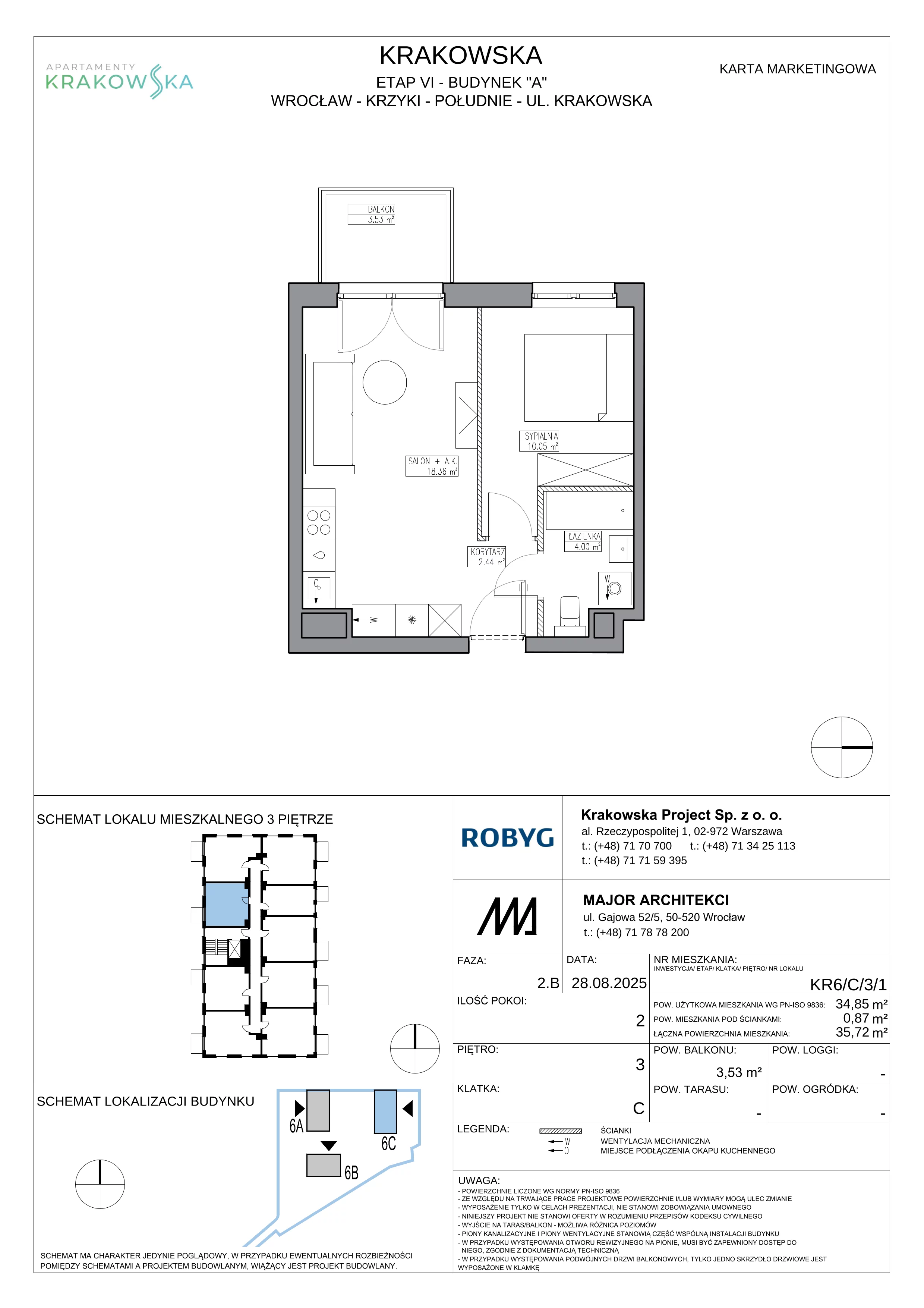 2 pokoje, mieszkanie 34,85 m², piętro 3, oferta nr KR6/C/3/1, Apartamenty Krakowska 6, Wrocław, Przedmieście Oławskie, Krzyki, ul. Krakowska