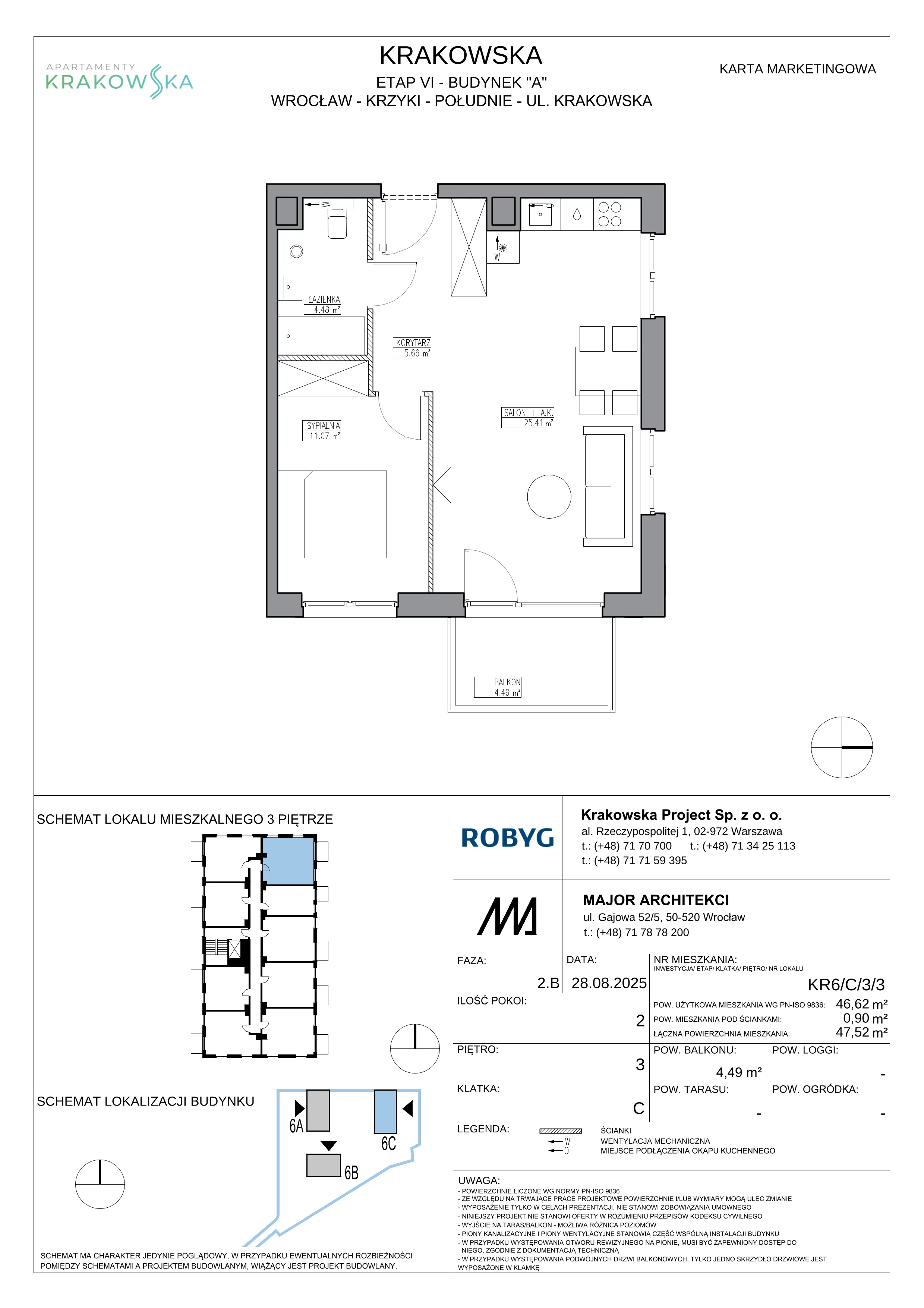 2 pokoje, mieszkanie 46,62 m², piętro 3, oferta nr KR6/C/3/3, Apartamenty Krakowska 6, Wrocław, Przedmieście Oławskie, Krzyki, ul. Krakowska