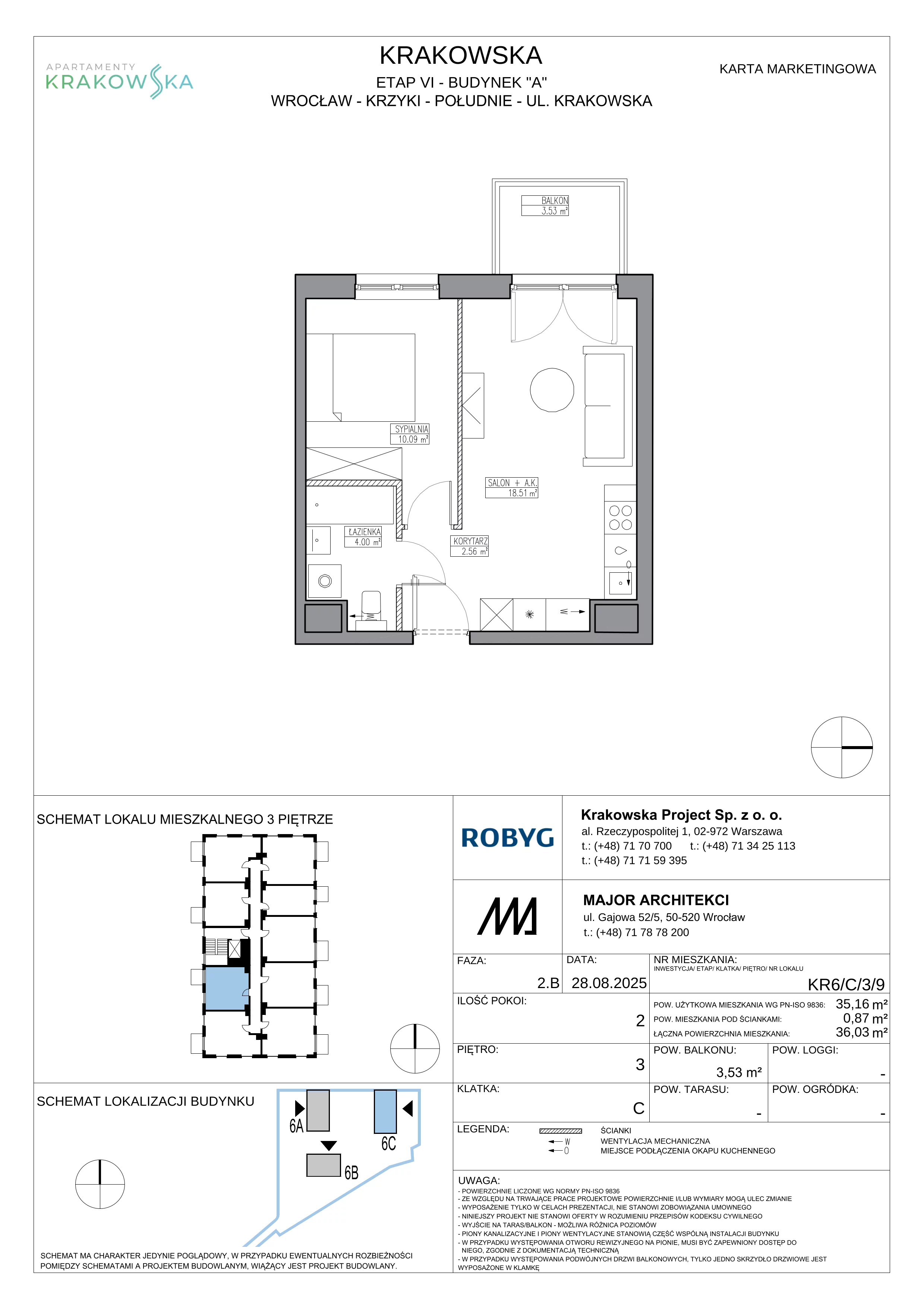 2 pokoje, mieszkanie 35,16 m², piętro 3, oferta nr KR6/C/3/9, Apartamenty Krakowska 6, Wrocław, Przedmieście Oławskie, Krzyki, ul. Krakowska