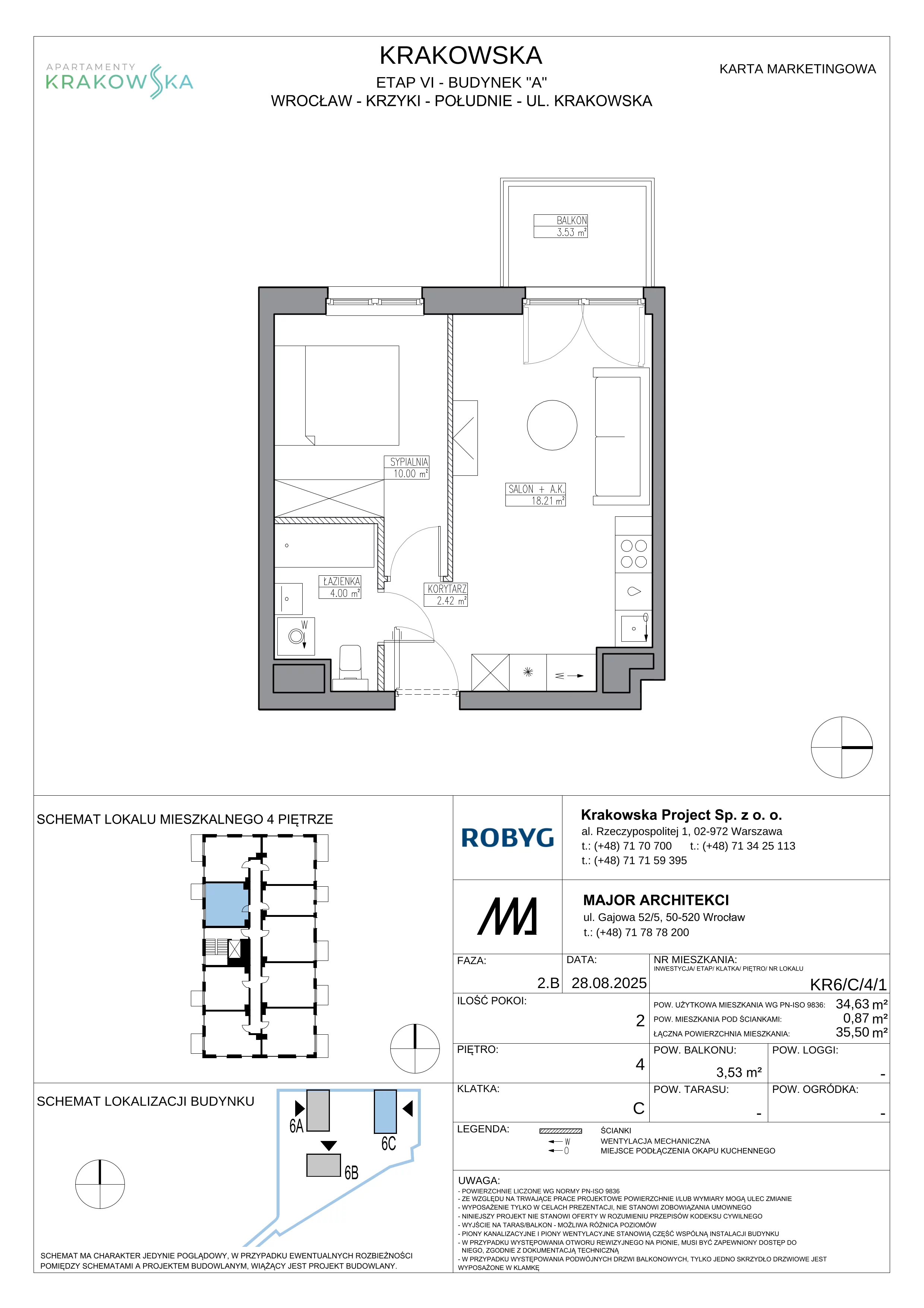 2 pokoje, mieszkanie 34,63 m², piętro 4, oferta nr KR6/C/4/1, Apartamenty Krakowska 6, Wrocław, Przedmieście Oławskie, Krzyki, ul. Krakowska