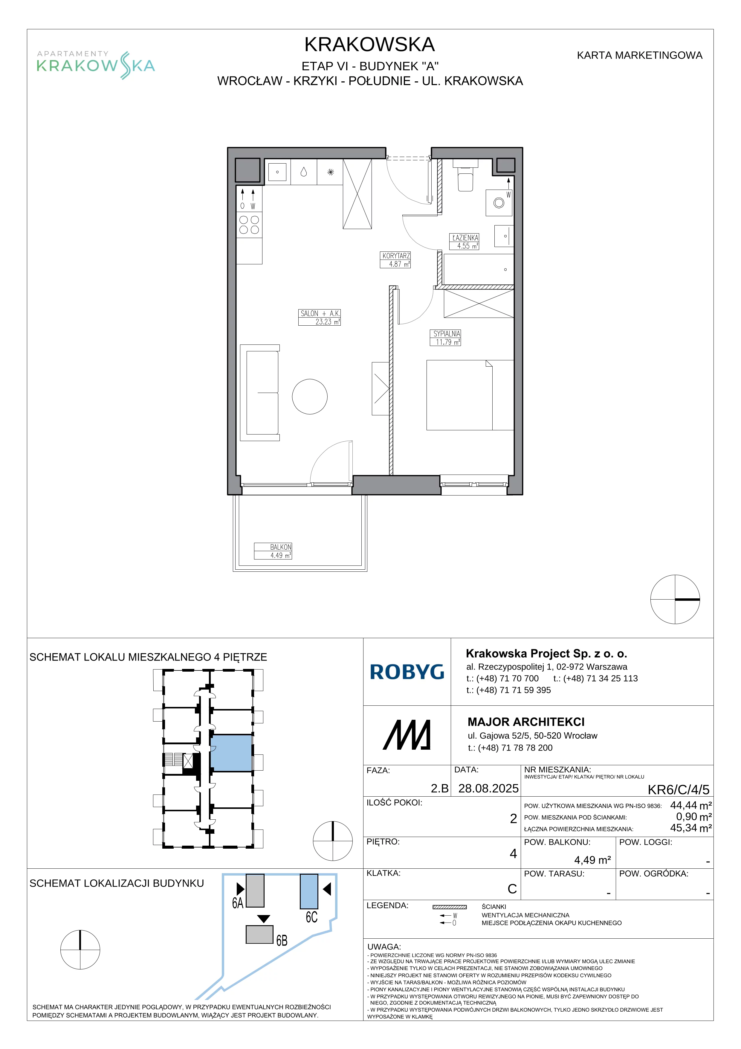 2 pokoje, mieszkanie 44,44 m², piętro 4, oferta nr KR6/C/4/5, Apartamenty Krakowska 6, Wrocław, Przedmieście Oławskie, Krzyki, ul. Krakowska