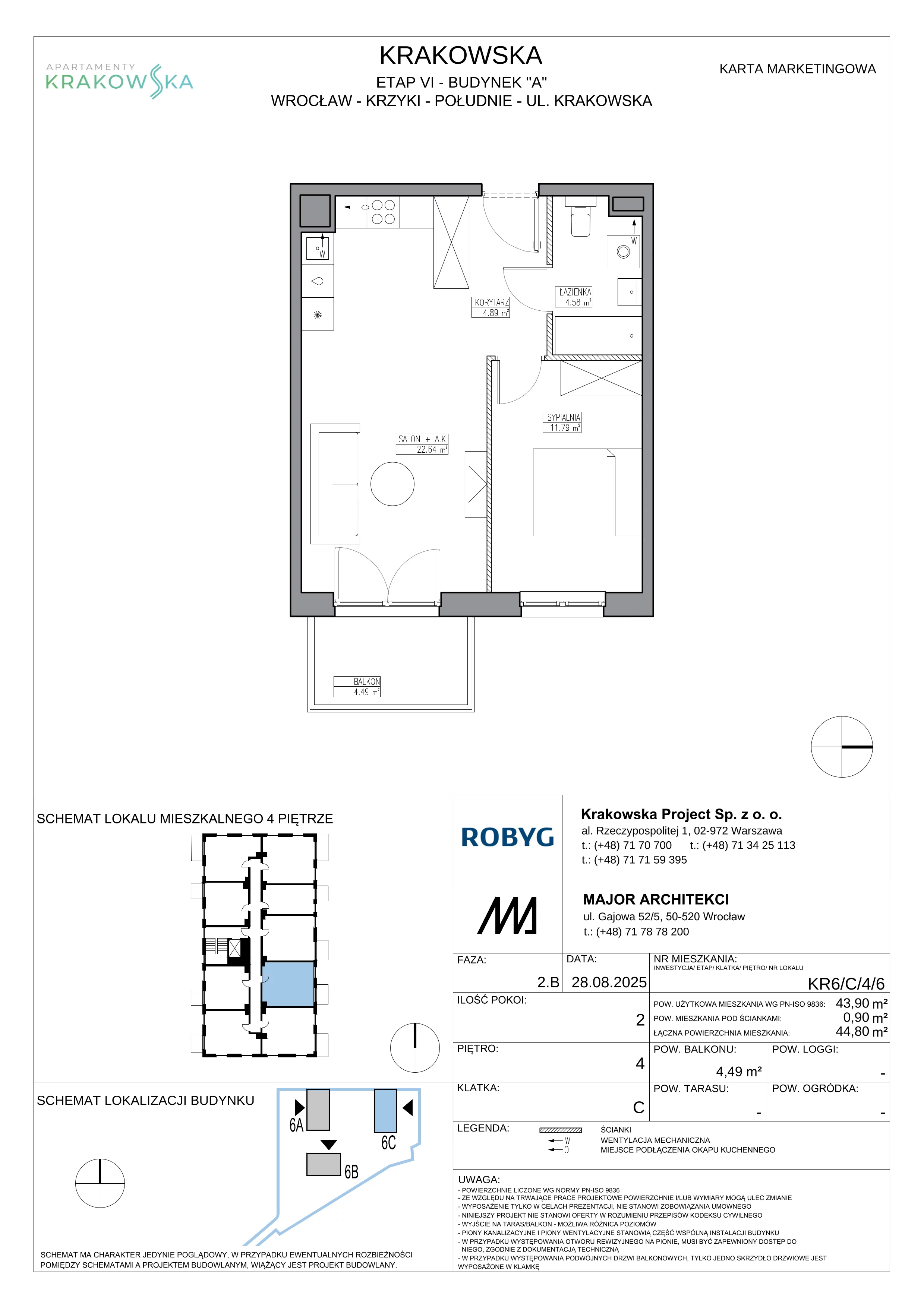2 pokoje, mieszkanie 43,90 m², piętro 4, oferta nr KR6/C/4/6, Apartamenty Krakowska 6, Wrocław, Przedmieście Oławskie, Krzyki, ul. Krakowska