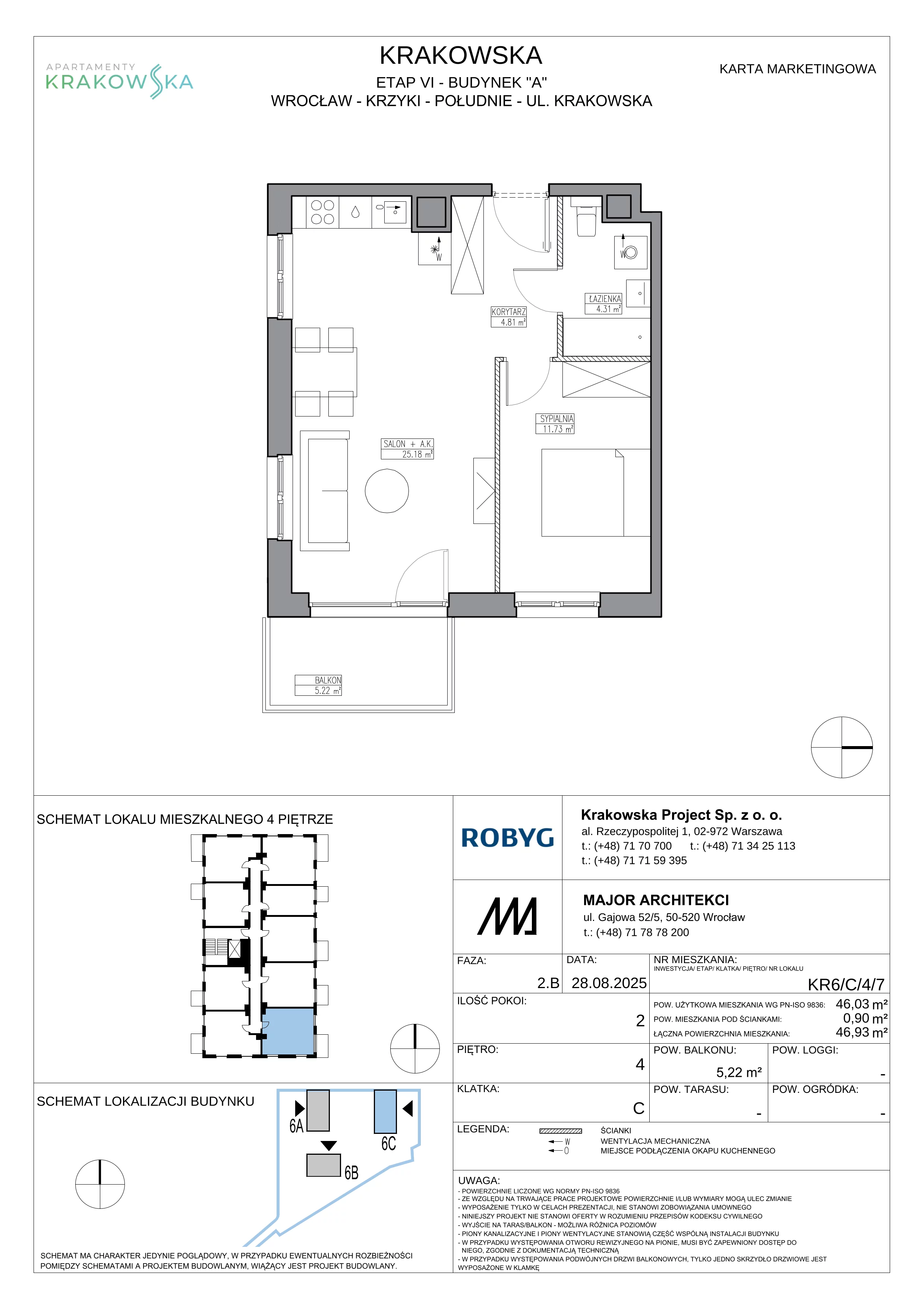 2 pokoje, mieszkanie 46,03 m², piętro 4, oferta nr KR6/C/4/7, Apartamenty Krakowska 6, Wrocław, Przedmieście Oławskie, Krzyki, ul. Krakowska