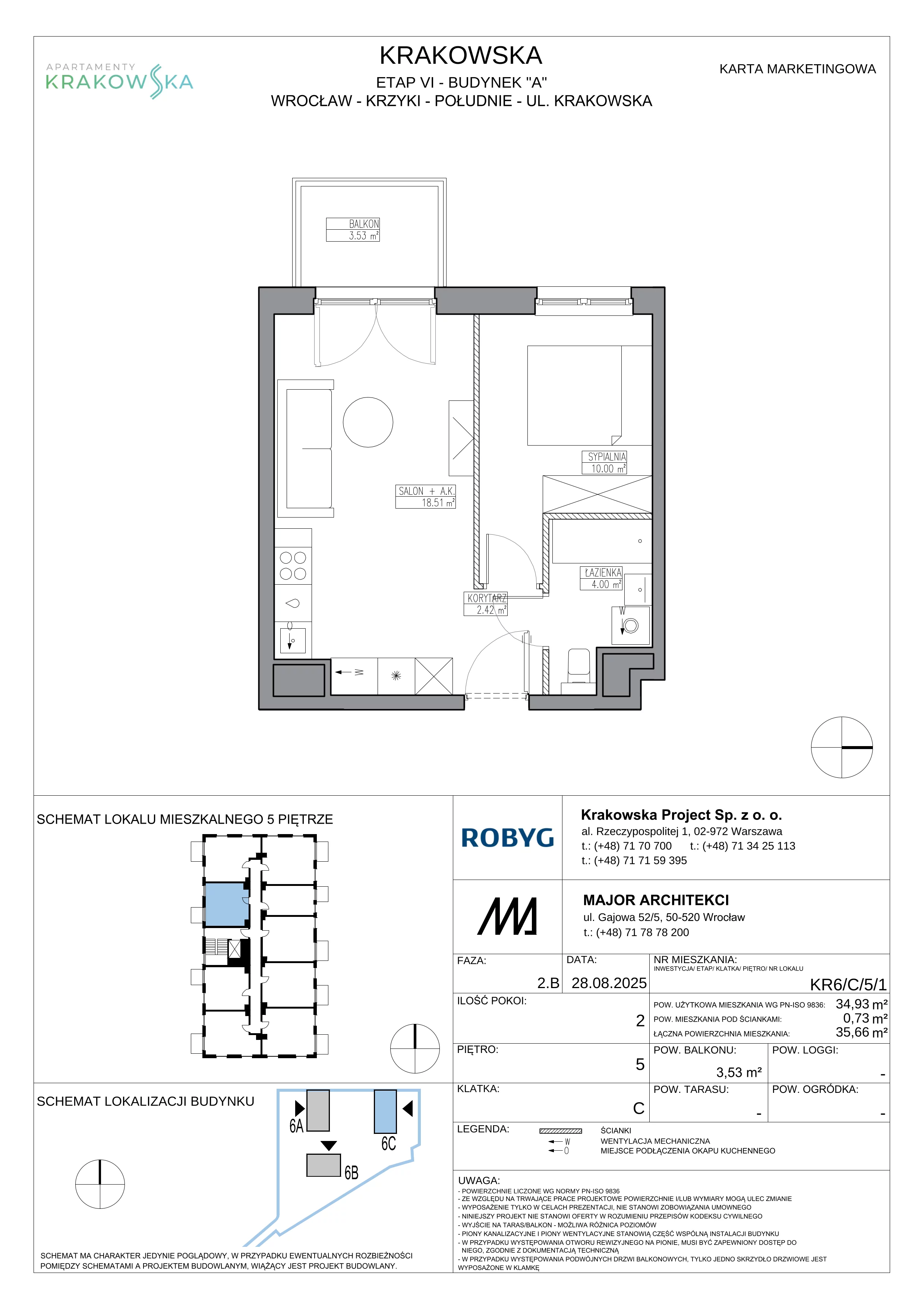 2 pokoje, mieszkanie 34,93 m², piętro 5, oferta nr KR6/C/5/1, Apartamenty Krakowska 6, Wrocław, Przedmieście Oławskie, Krzyki, ul. Krakowska