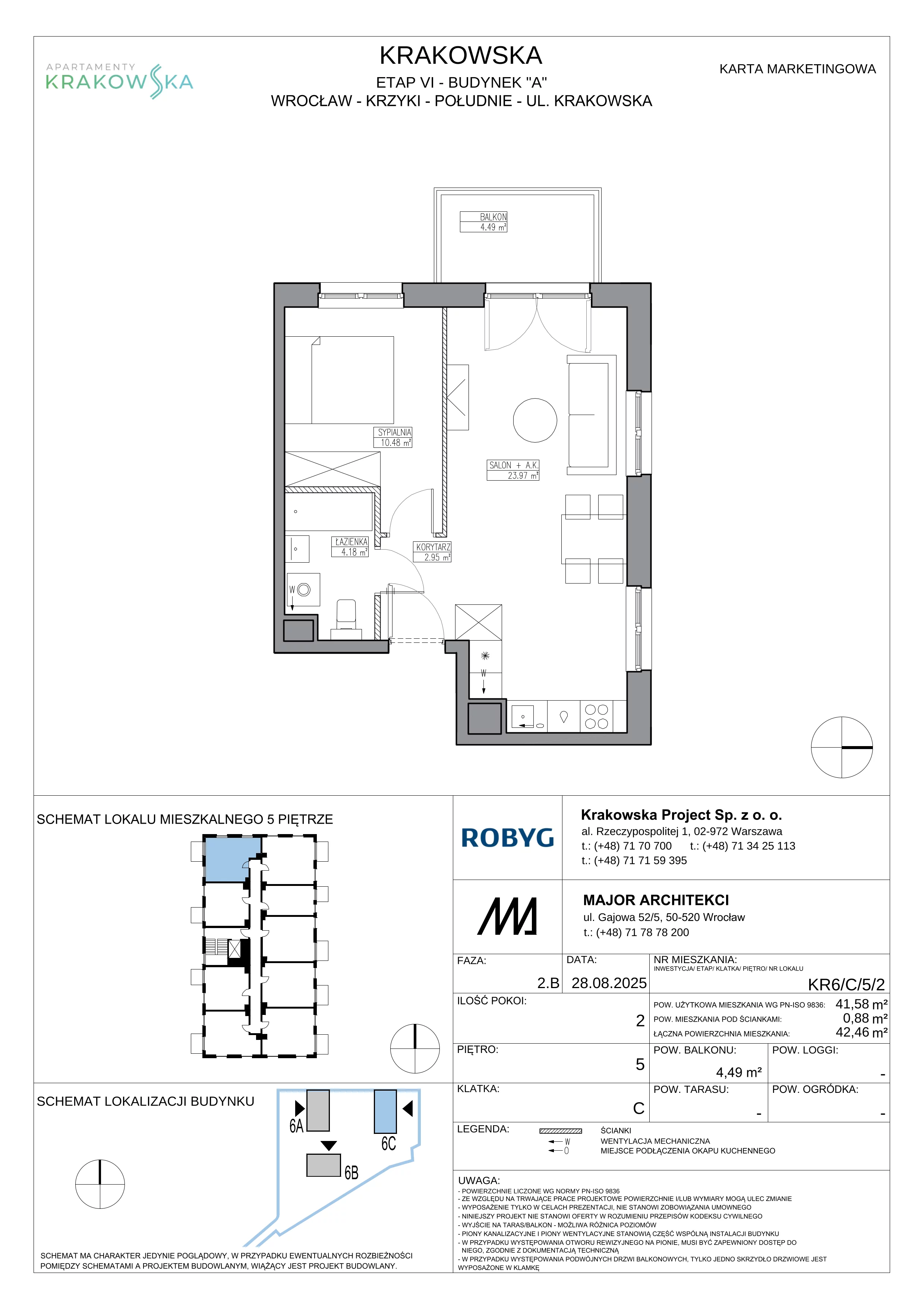 2 pokoje, mieszkanie 41,58 m², piętro 5, oferta nr KR6/C/5/2, Apartamenty Krakowska 6, Wrocław, Przedmieście Oławskie, Krzyki, ul. Krakowska