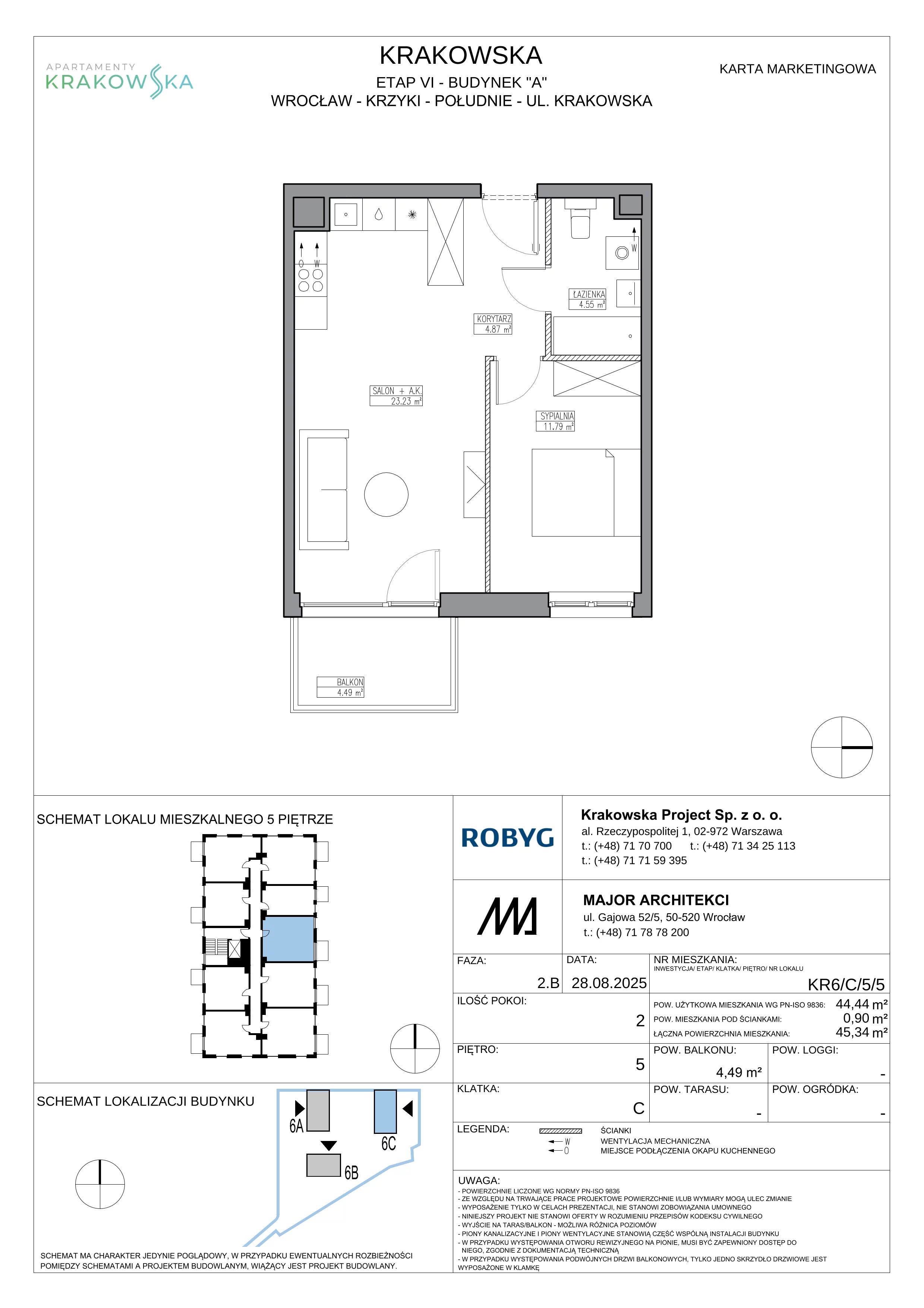 2 pokoje, mieszkanie 44,44 m², piętro 5, oferta nr KR6/C/5/5, Apartamenty Krakowska 6, Wrocław, Przedmieście Oławskie, Krzyki, ul. Krakowska