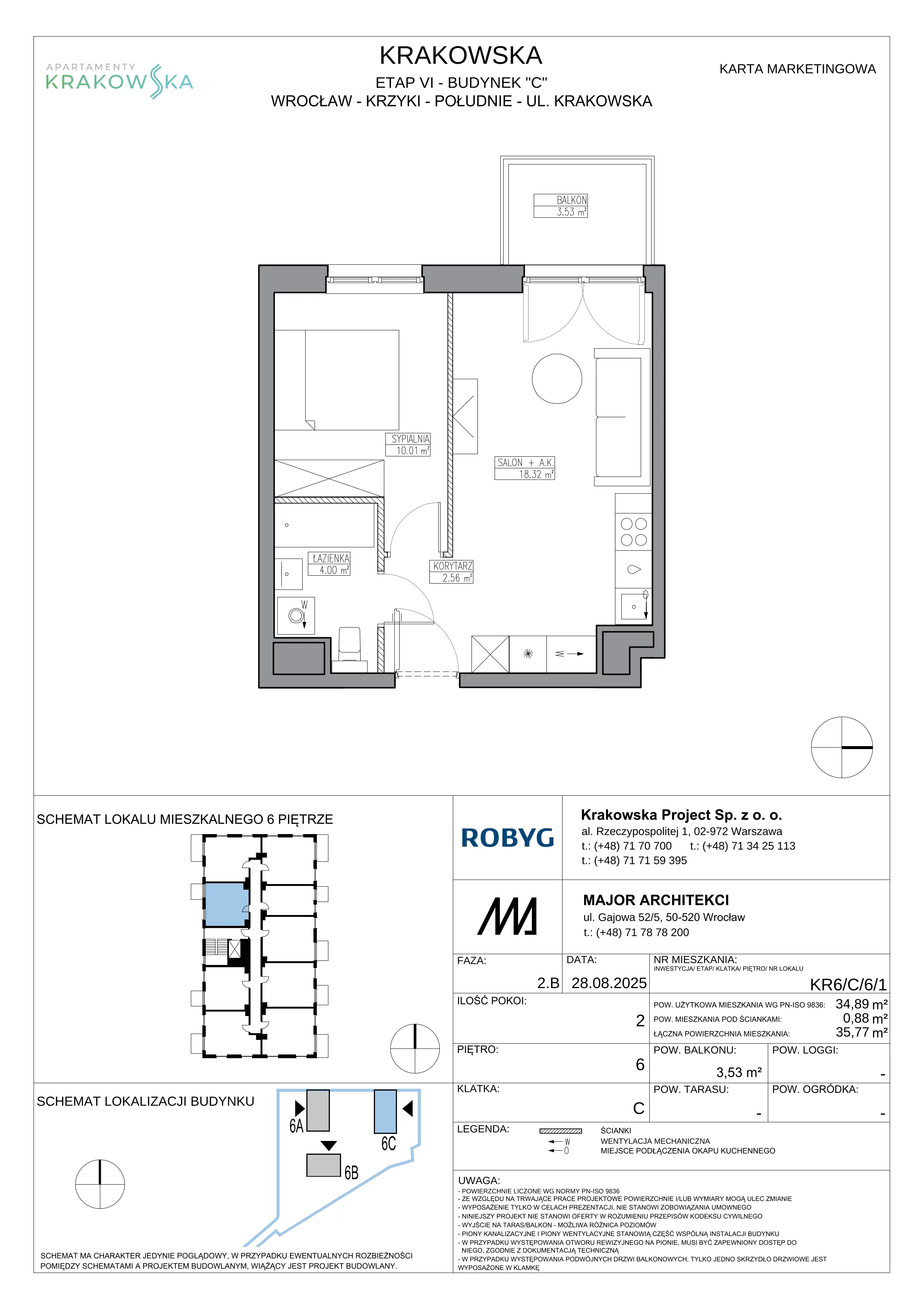 2 pokoje, mieszkanie 34,89 m², piętro 6, oferta nr KR6/C/6/1, Apartamenty Krakowska 6, Wrocław, Przedmieście Oławskie, Krzyki, ul. Krakowska