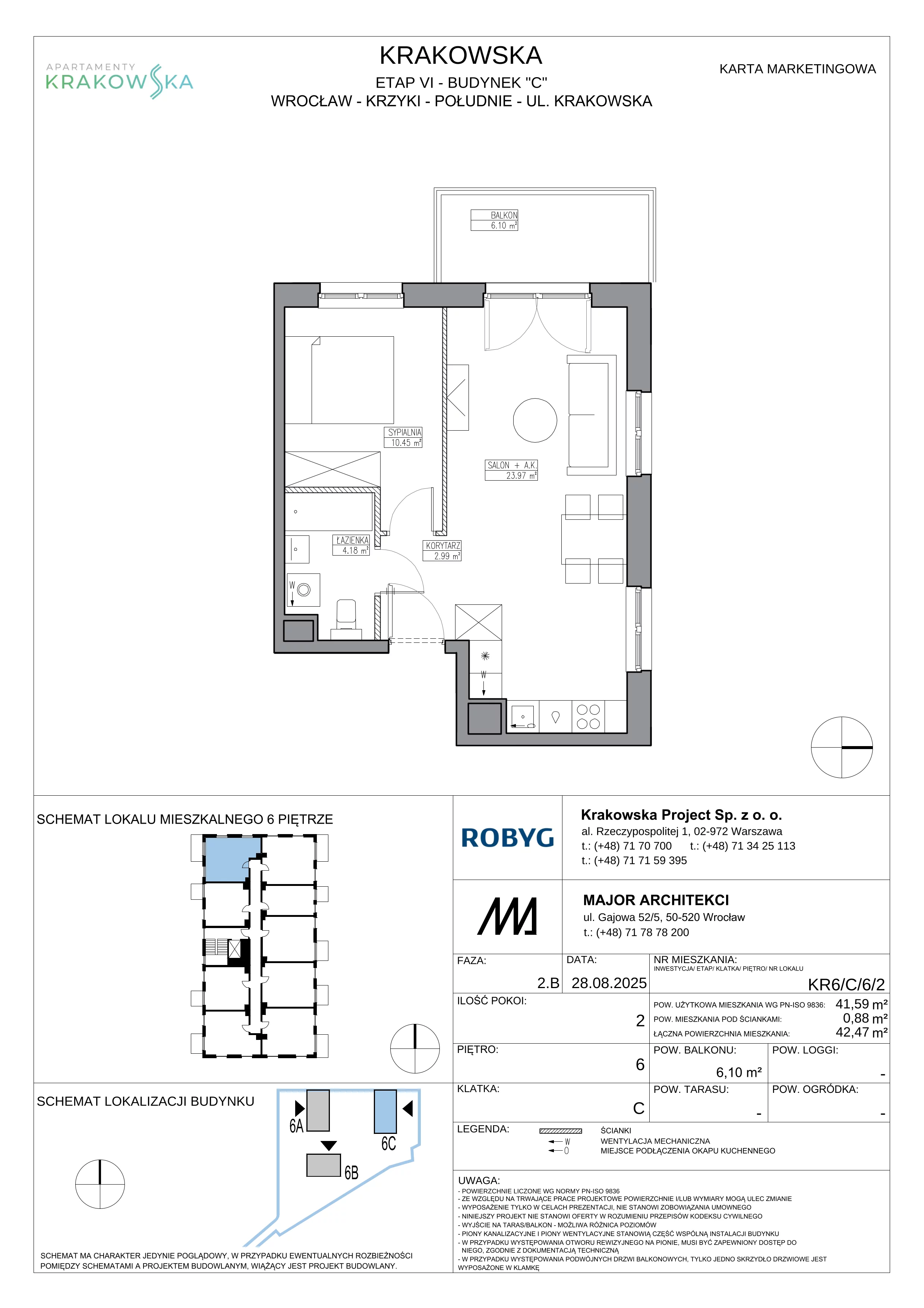 2 pokoje, mieszkanie 41,59 m², piętro 6, oferta nr KR6/C/6/2, Apartamenty Krakowska 6, Wrocław, Przedmieście Oławskie, Krzyki, ul. Krakowska