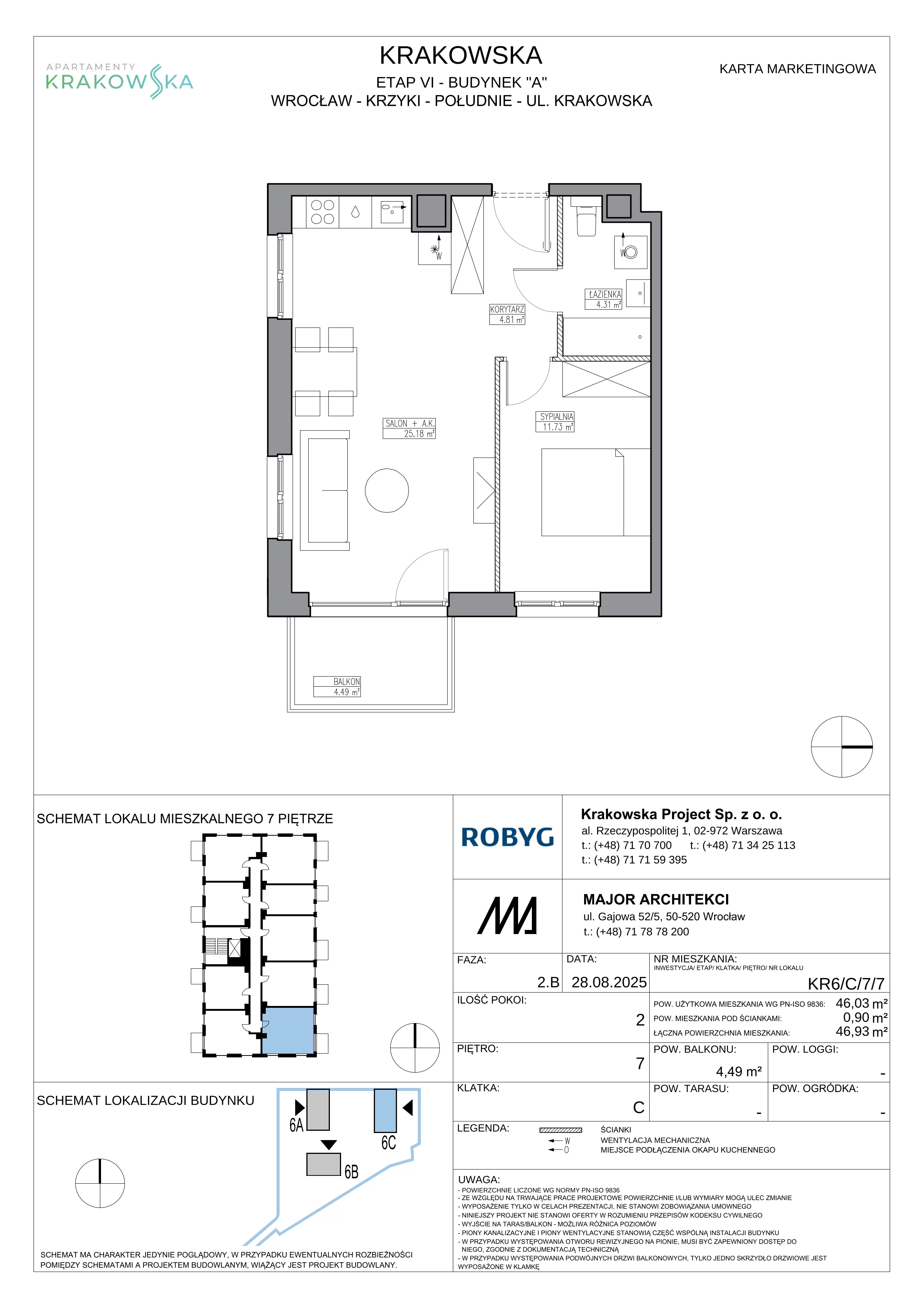 2 pokoje, mieszkanie 46,03 m², piętro 7, oferta nr KR6/C/7/7, Apartamenty Krakowska 6, Wrocław, Przedmieście Oławskie, Krzyki, ul. Krakowska