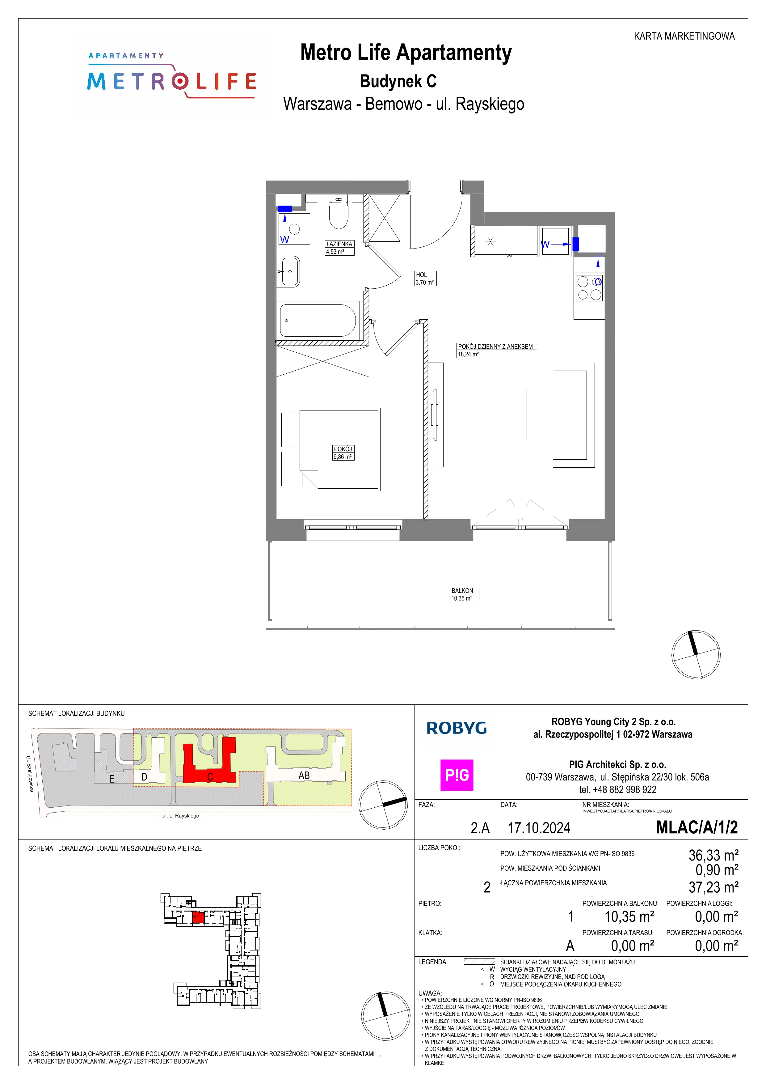 2 pokoje, mieszkanie 36,33 m², piętro 1, oferta nr MLAC/A/1/2, Metro Life Apartamenty, Warszawa, Bemowo, Chrzanów, ul. Rayskiego