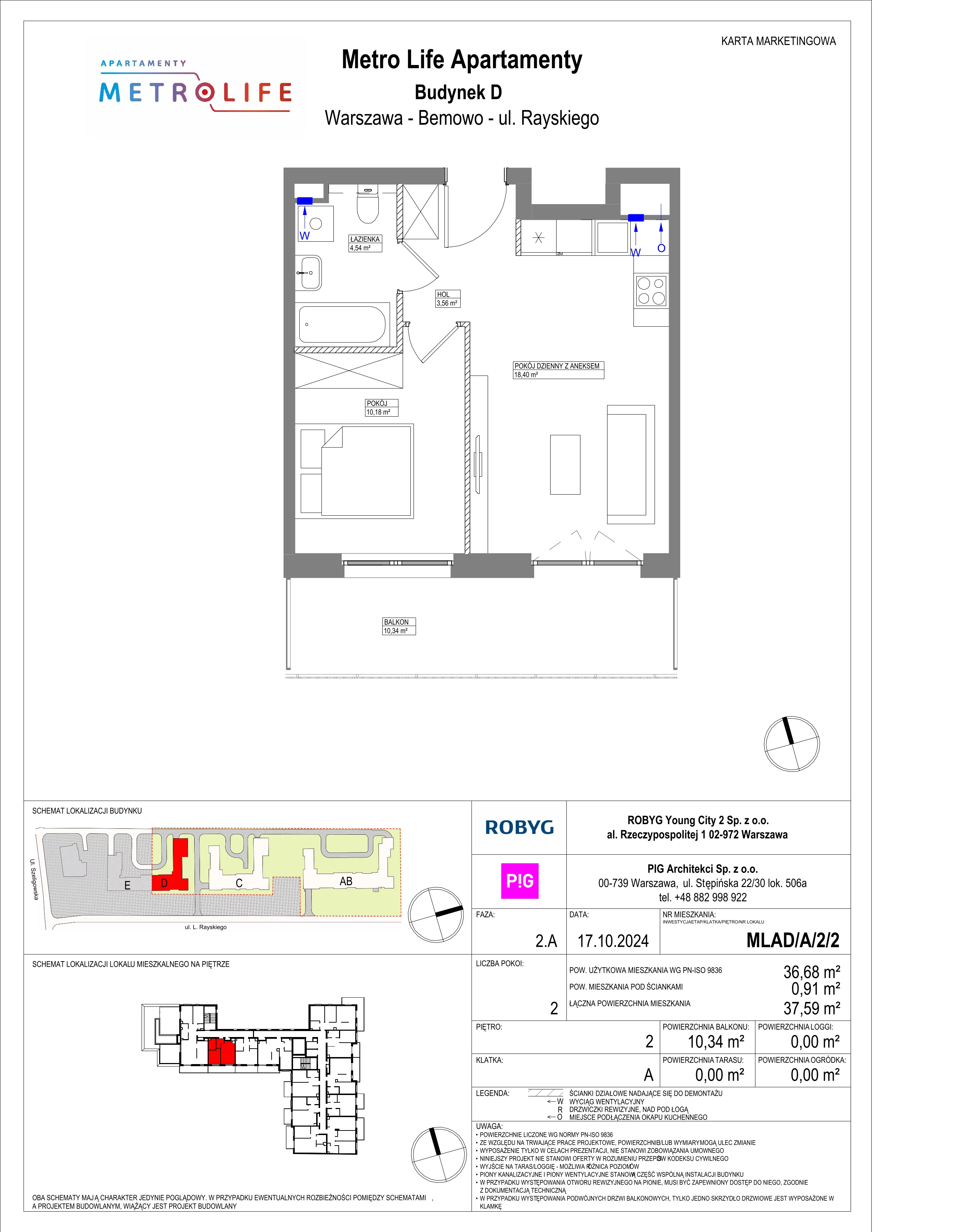2 pokoje, mieszkanie 36,68 m², piętro 2, oferta nr MLAD/A/2/2, Metro Life Apartamenty, Warszawa, Bemowo, Chrzanów, ul. Rayskiego