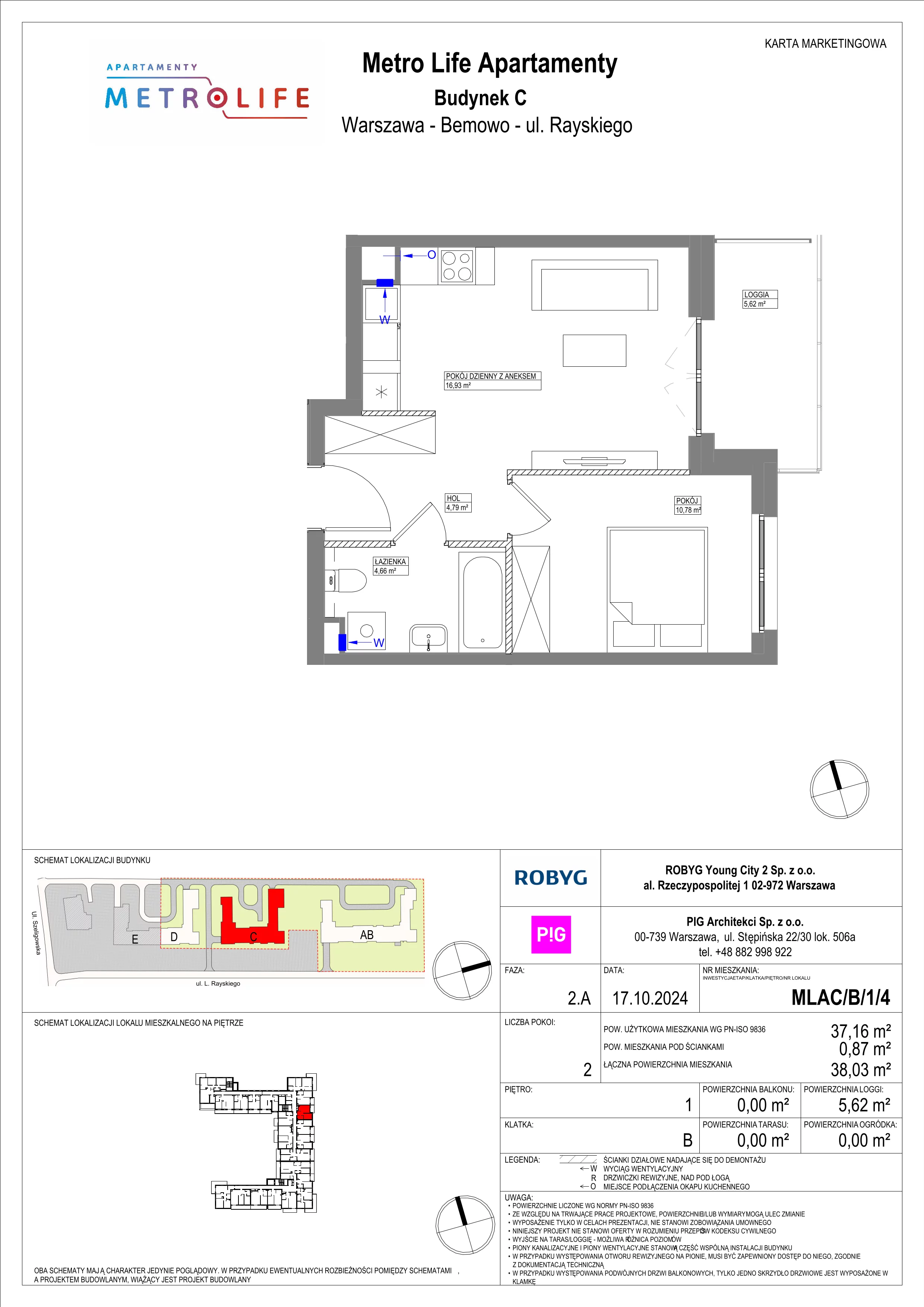 2 pokoje, mieszkanie 37,16 m², piętro 1, oferta nr MLAC/B/1/4, Metro Life Apartamenty, Warszawa, Bemowo, Chrzanów, ul. Rayskiego