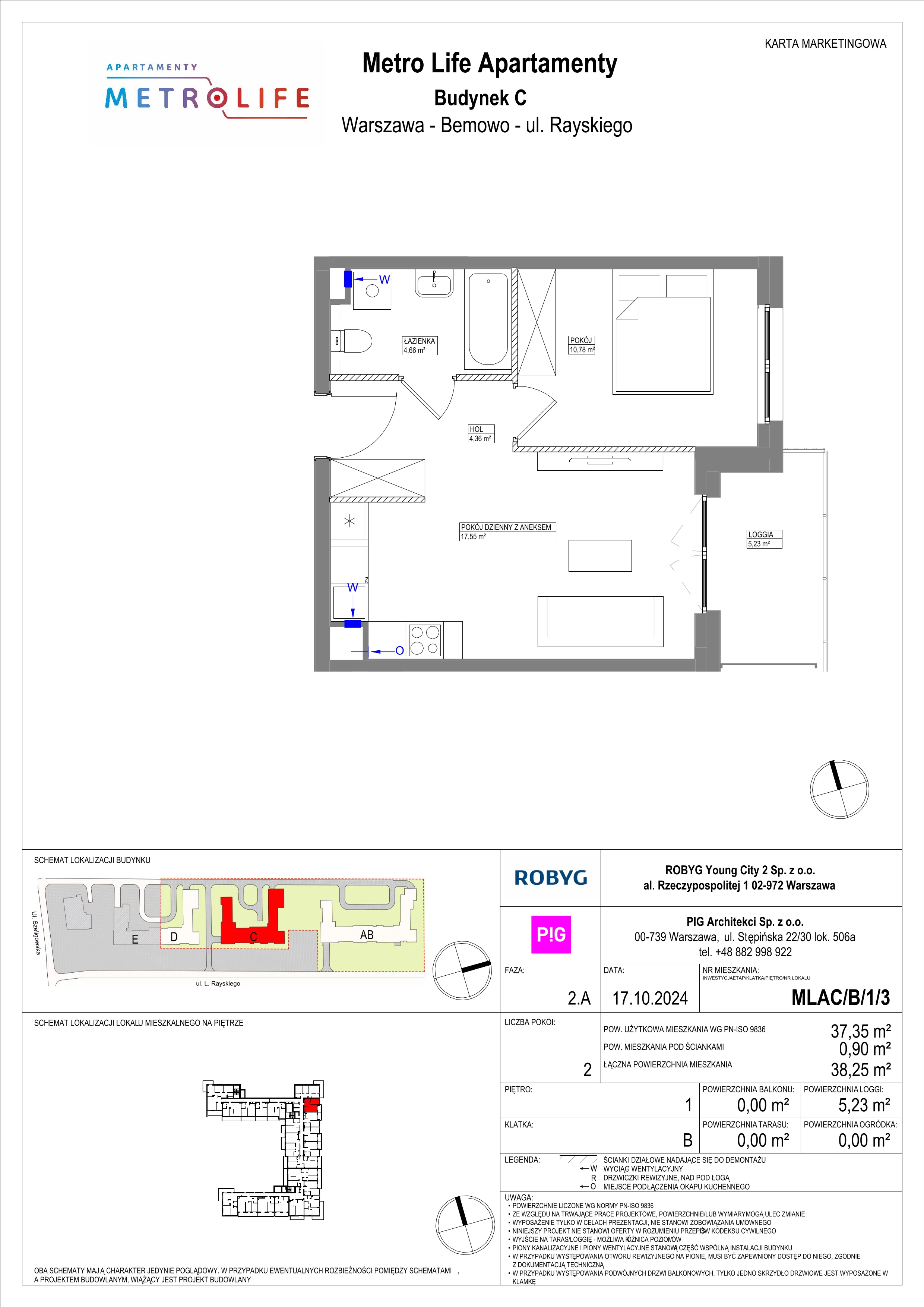 2 pokoje, mieszkanie 37,35 m², piętro 1, oferta nr MLAC/B/1/3, Metro Life Apartamenty, Warszawa, Bemowo, Chrzanów, ul. Rayskiego
