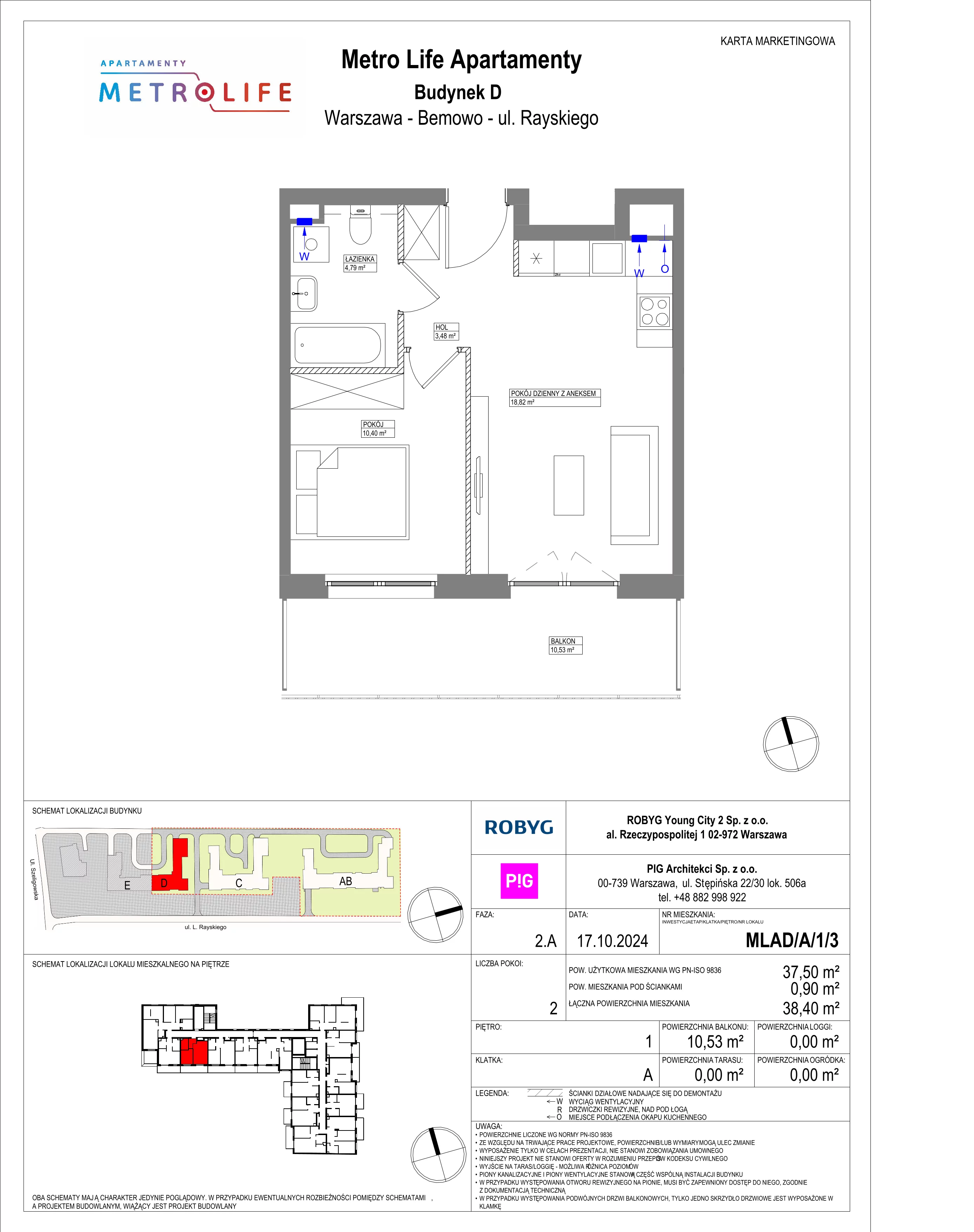 2 pokoje, mieszkanie 37,50 m², piętro 1, oferta nr MLAD/A/1/3, Metro Life Apartamenty, Warszawa, Bemowo, Chrzanów, ul. Rayskiego
