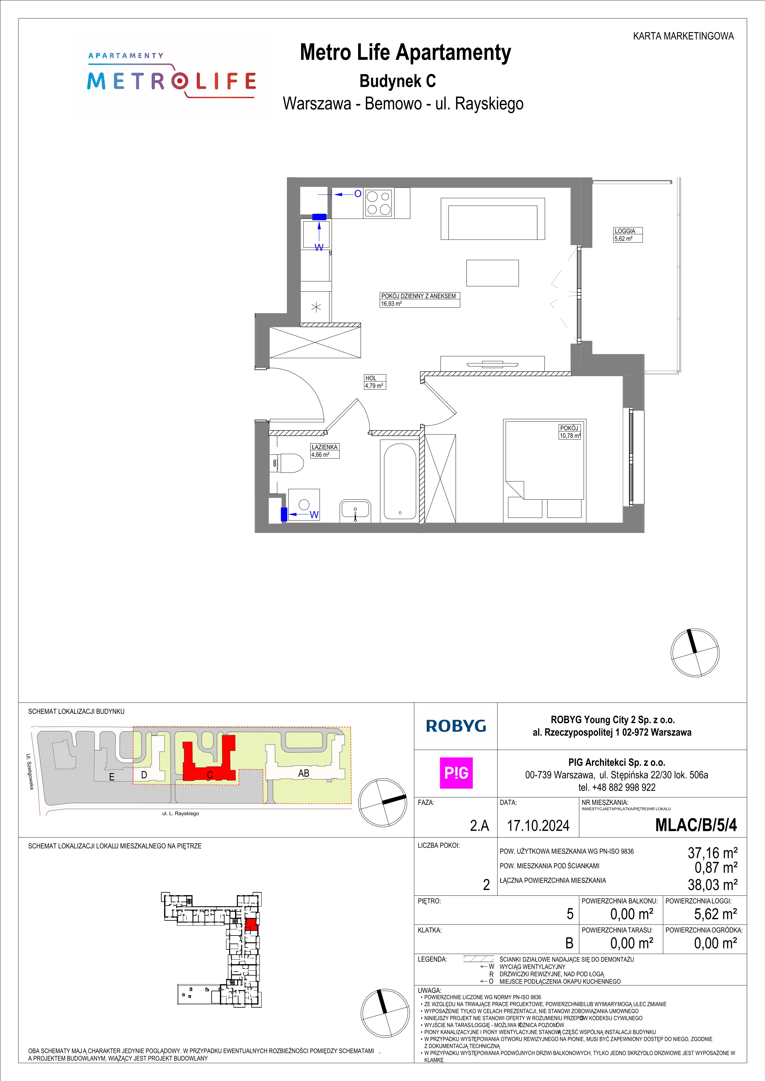2 pokoje, mieszkanie 37,16 m², piętro 5, oferta nr MLAC/B/5/4, Metro Life Apartamenty, Warszawa, Bemowo, Chrzanów, ul. Rayskiego