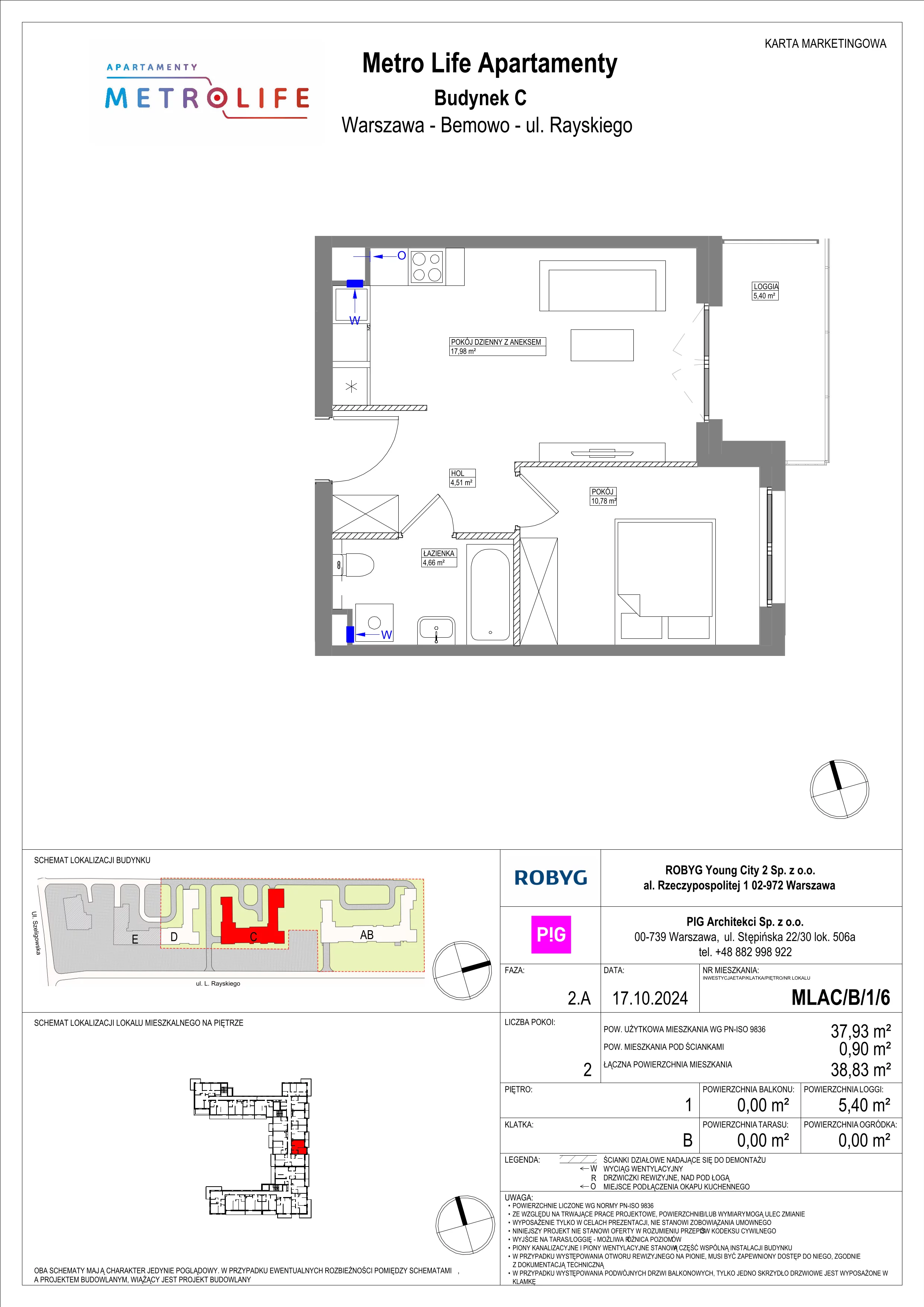 2 pokoje, mieszkanie 37,93 m², piętro 1, oferta nr MLAC/B/1/6, Metro Life Apartamenty, Warszawa, Bemowo, Chrzanów, ul. Rayskiego