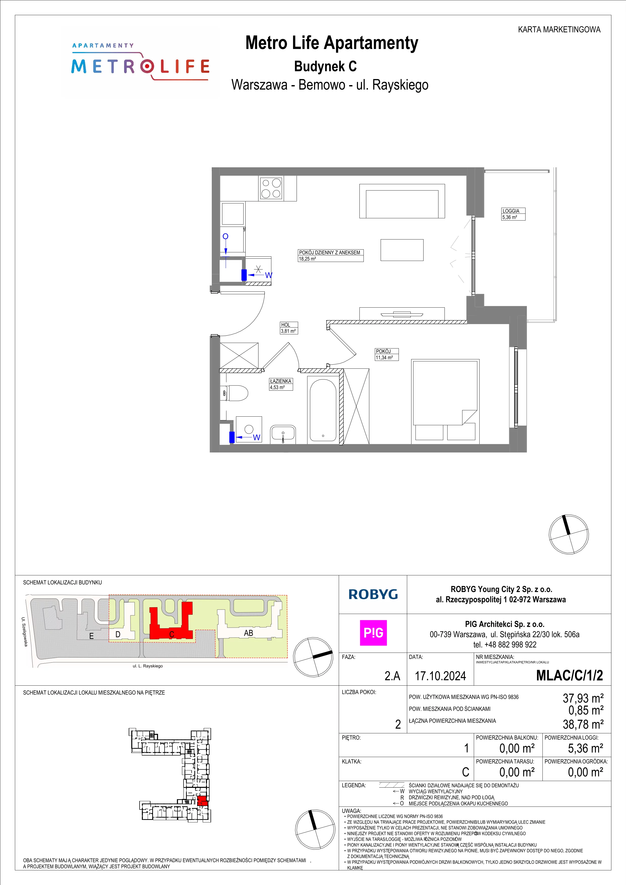 2 pokoje, mieszkanie 37,93 m², piętro 1, oferta nr MLAC/C/1/2, Metro Life Apartamenty, Warszawa, Bemowo, Chrzanów, ul. Rayskiego