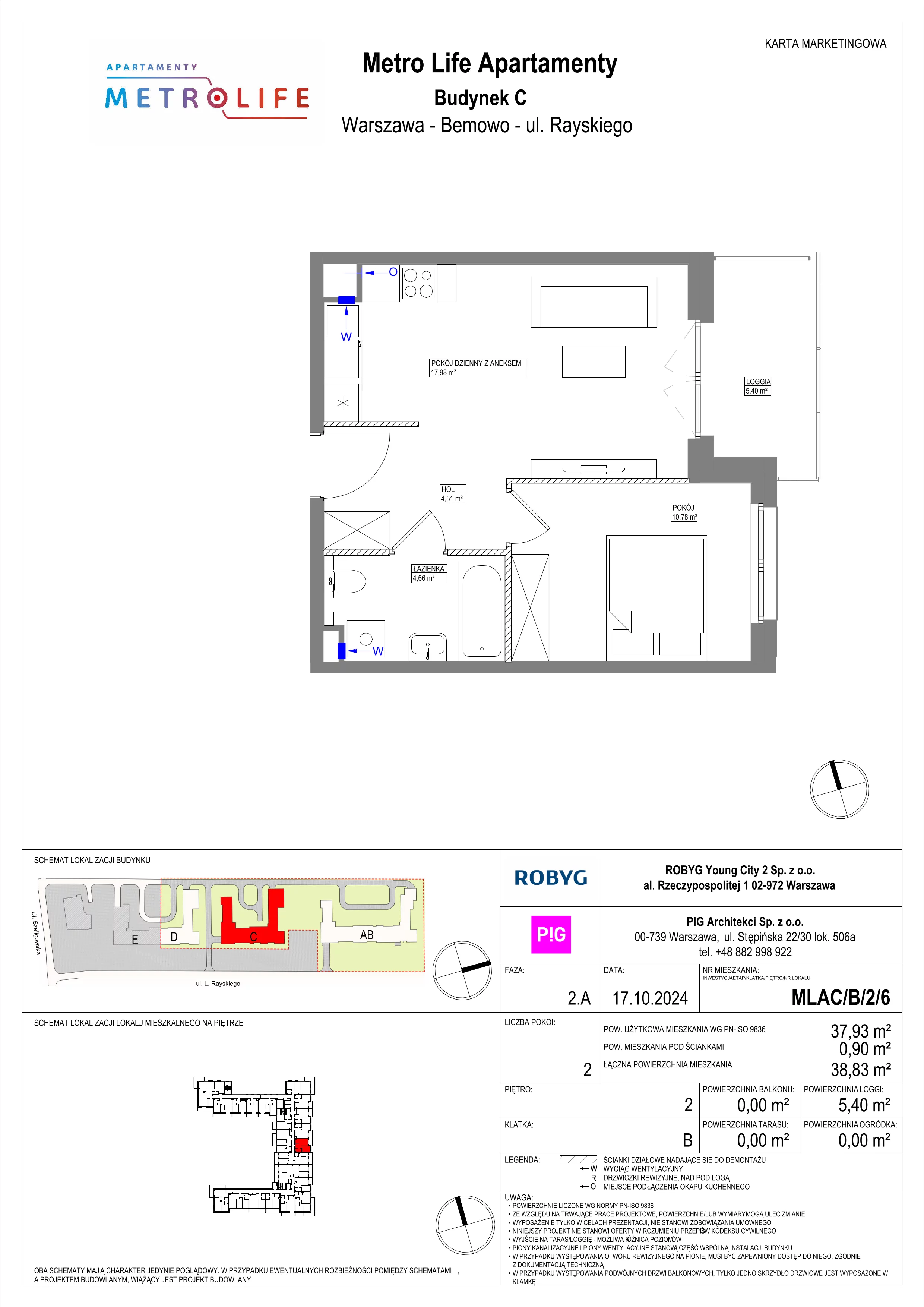 2 pokoje, mieszkanie 37,93 m², piętro 2, oferta nr MLAC/B/2/6, Metro Life Apartamenty, Warszawa, Bemowo, Chrzanów, ul. Rayskiego