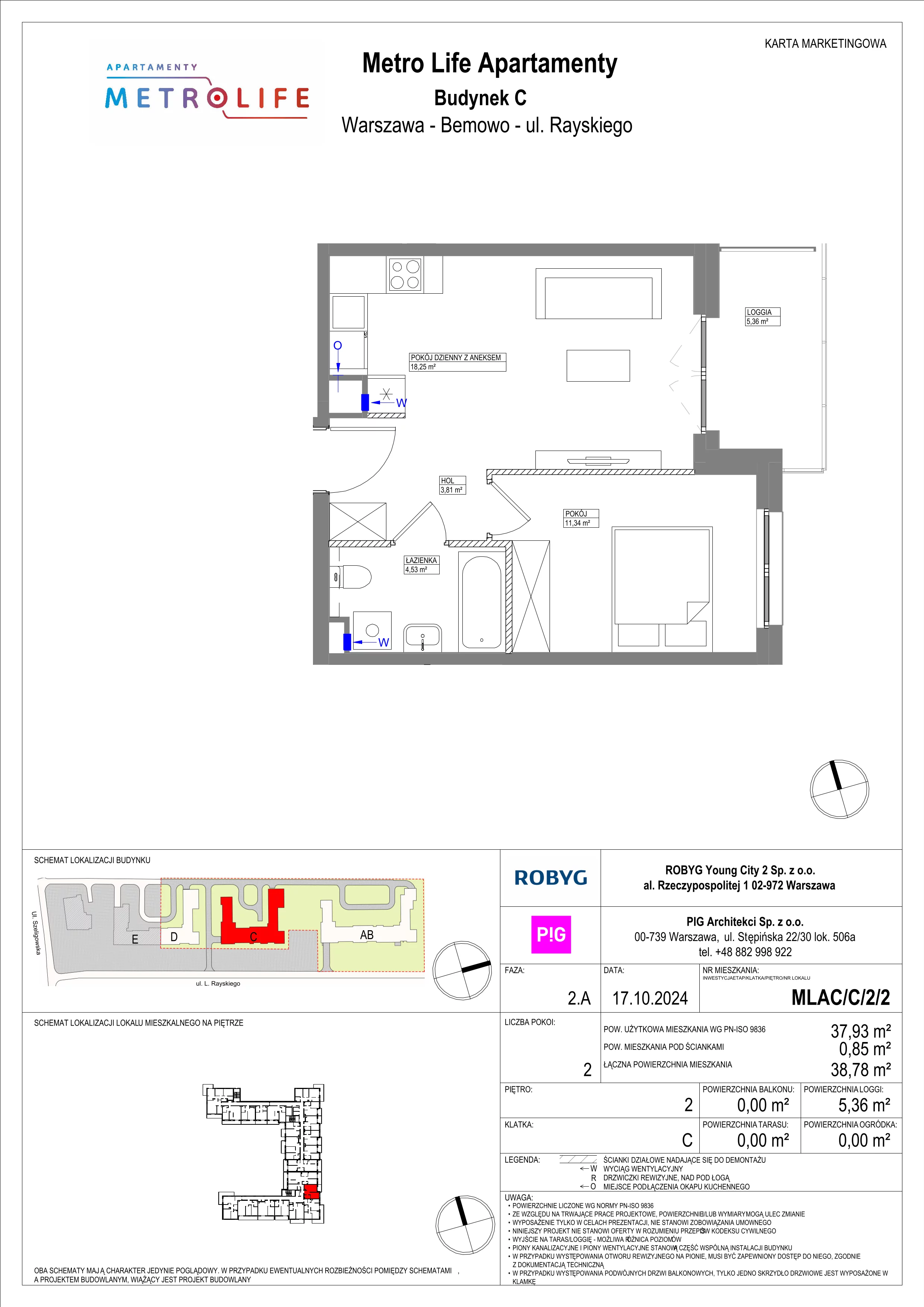 2 pokoje, mieszkanie 37,93 m², piętro 2, oferta nr MLAC/C/2/2, Metro Life Apartamenty, Warszawa, Bemowo, Chrzanów, ul. Rayskiego