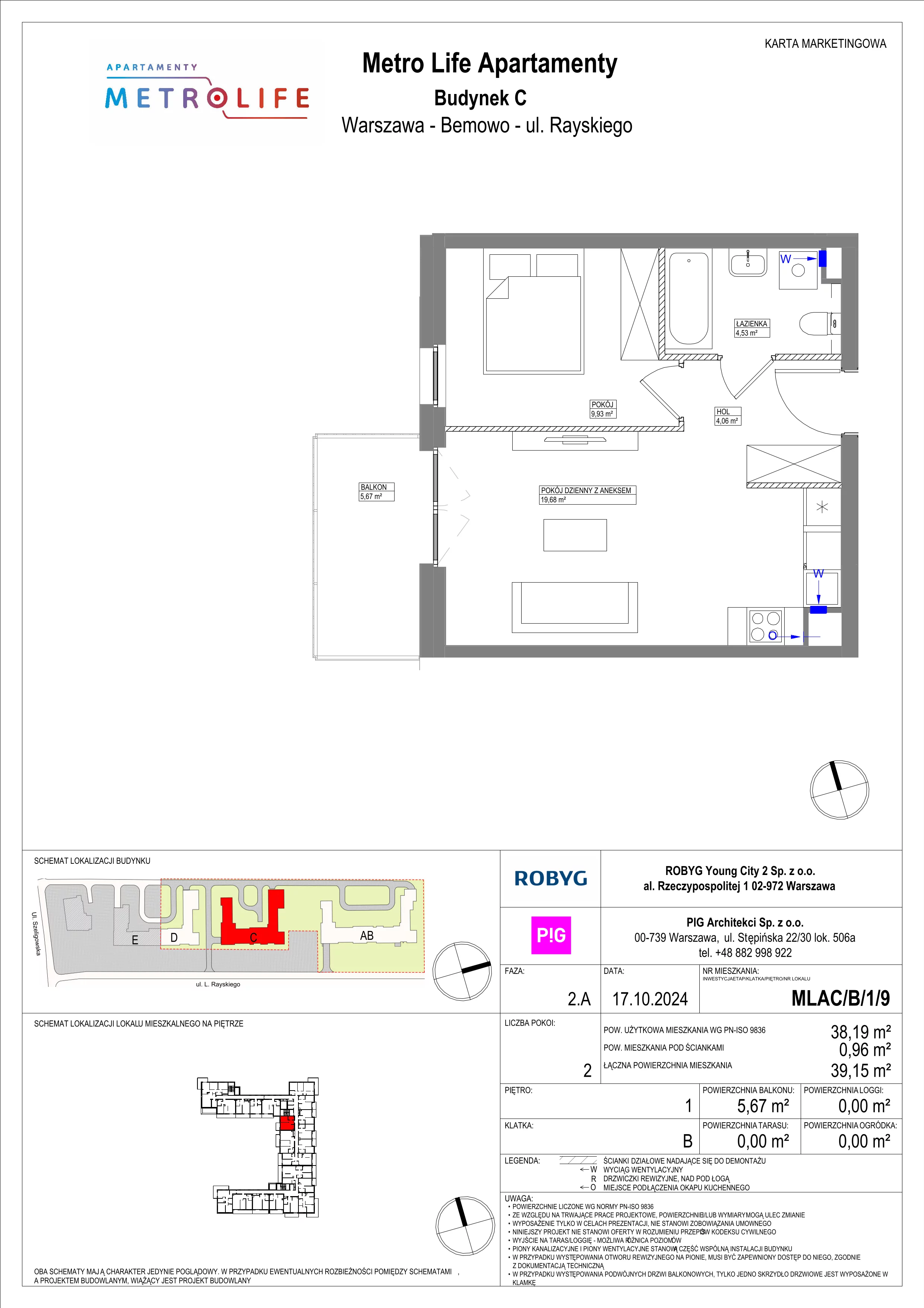 2 pokoje, mieszkanie 38,19 m², piętro 1, oferta nr MLAC/B/1/9, Metro Life Apartamenty, Warszawa, Bemowo, Chrzanów, ul. Rayskiego