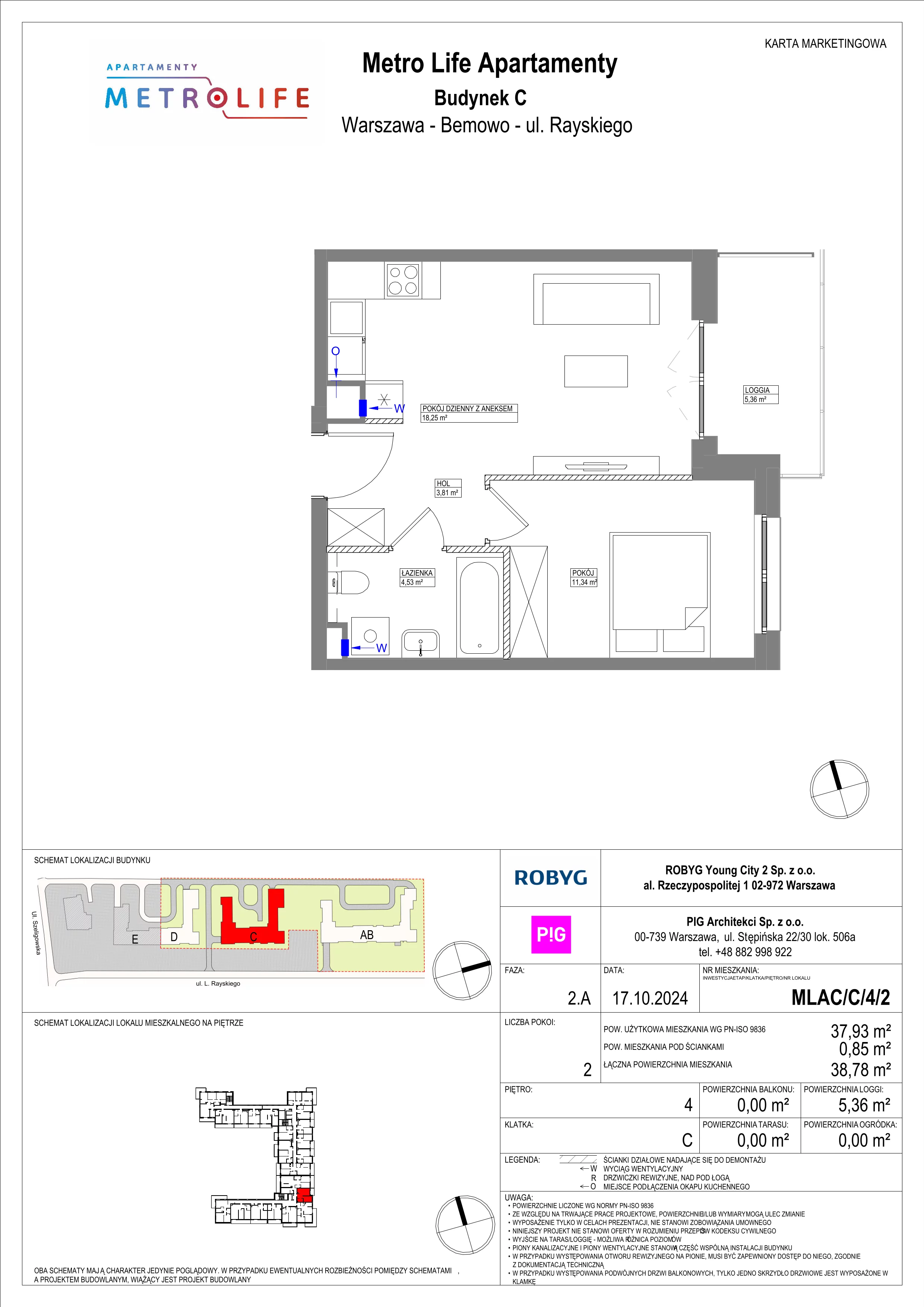 2 pokoje, mieszkanie 37,93 m², piętro 4, oferta nr MLAC/C/4/2, Metro Life Apartamenty, Warszawa, Bemowo, Chrzanów, ul. Rayskiego