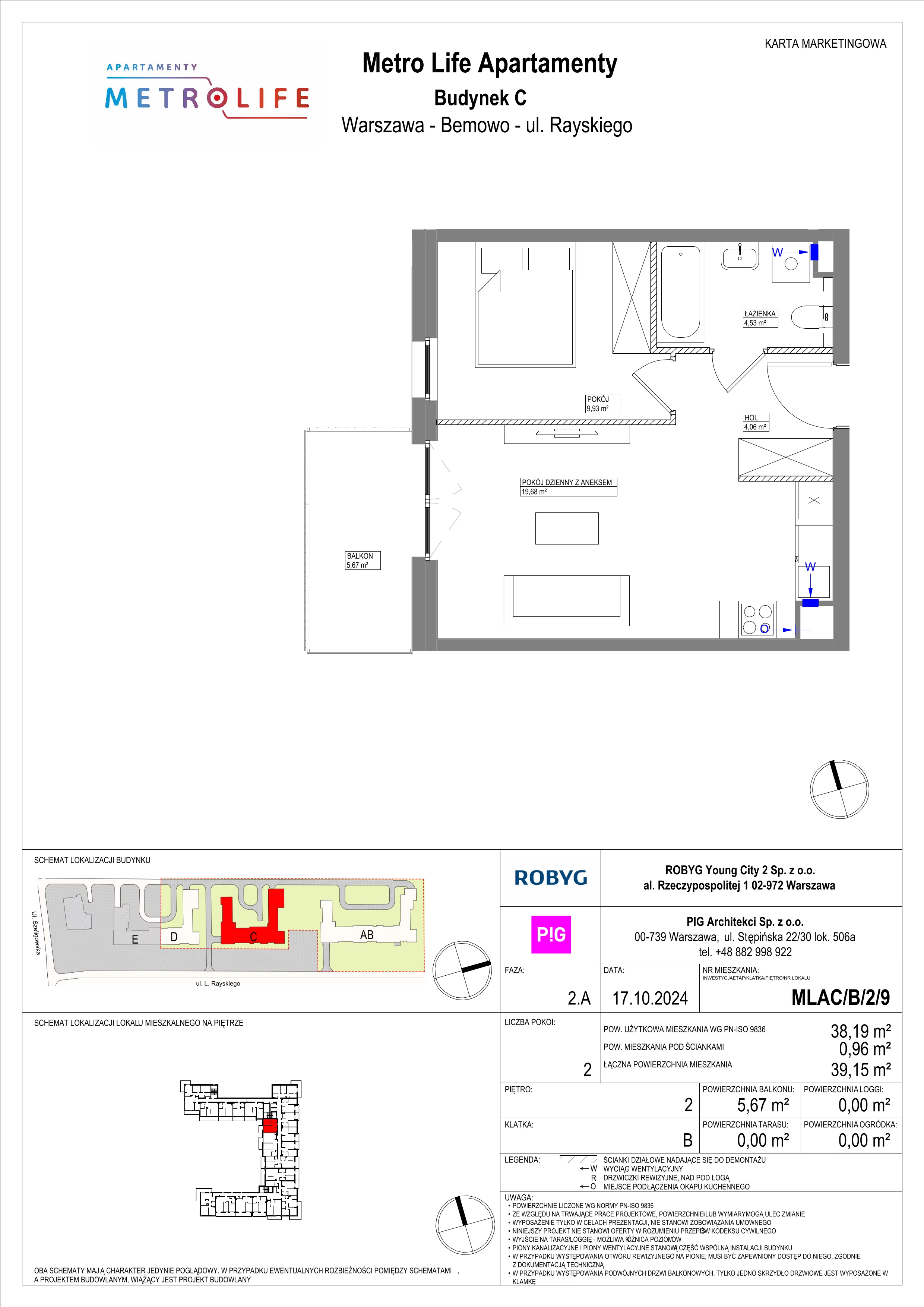 2 pokoje, mieszkanie 38,19 m², piętro 2, oferta nr MLAC/B/2/9, Metro Life Apartamenty, Warszawa, Bemowo, Chrzanów, ul. Rayskiego