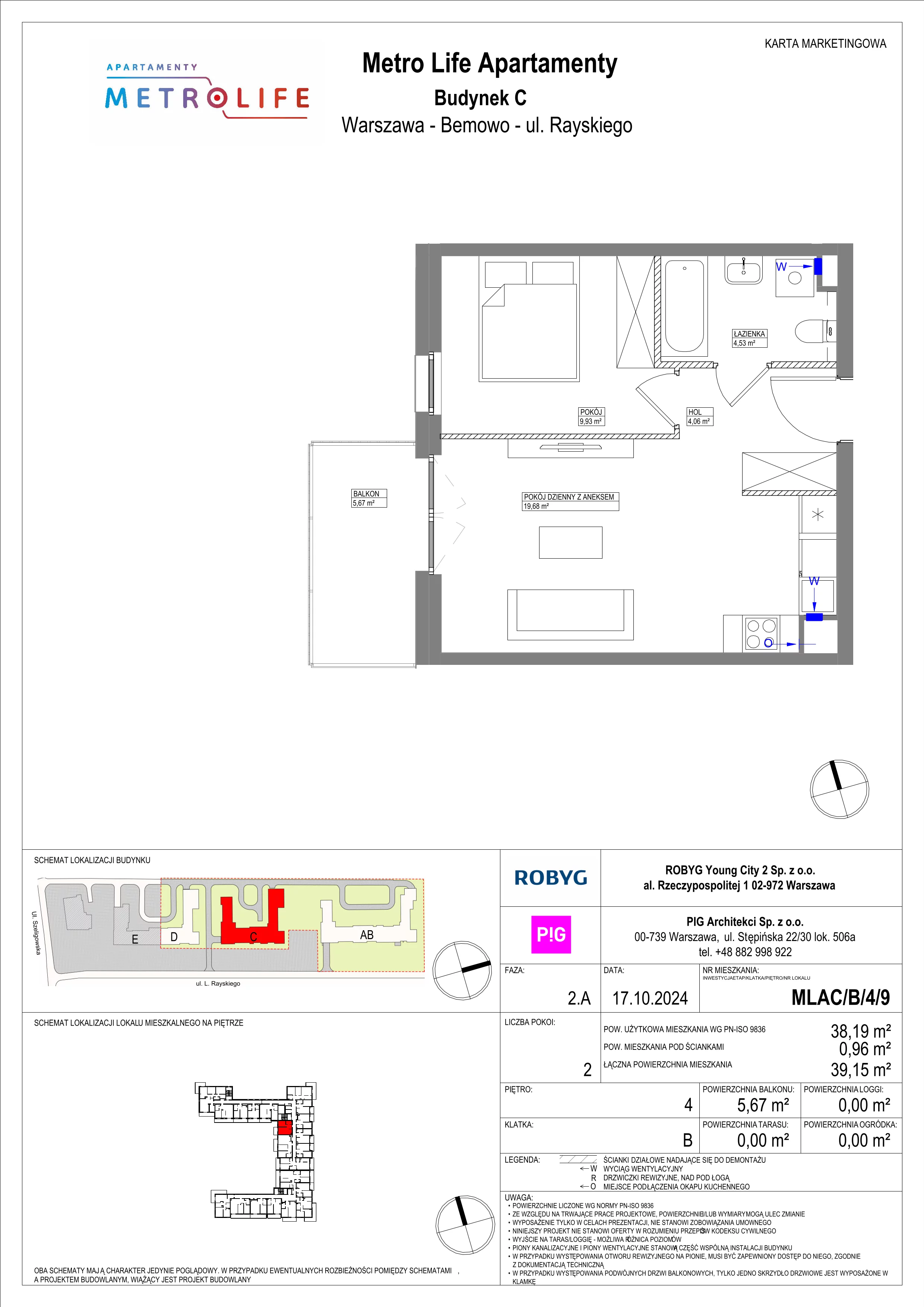 2 pokoje, mieszkanie 38,19 m², piętro 4, oferta nr MLAC/B/4/9, Metro Life Apartamenty, Warszawa, Bemowo, Chrzanów, ul. Rayskiego
