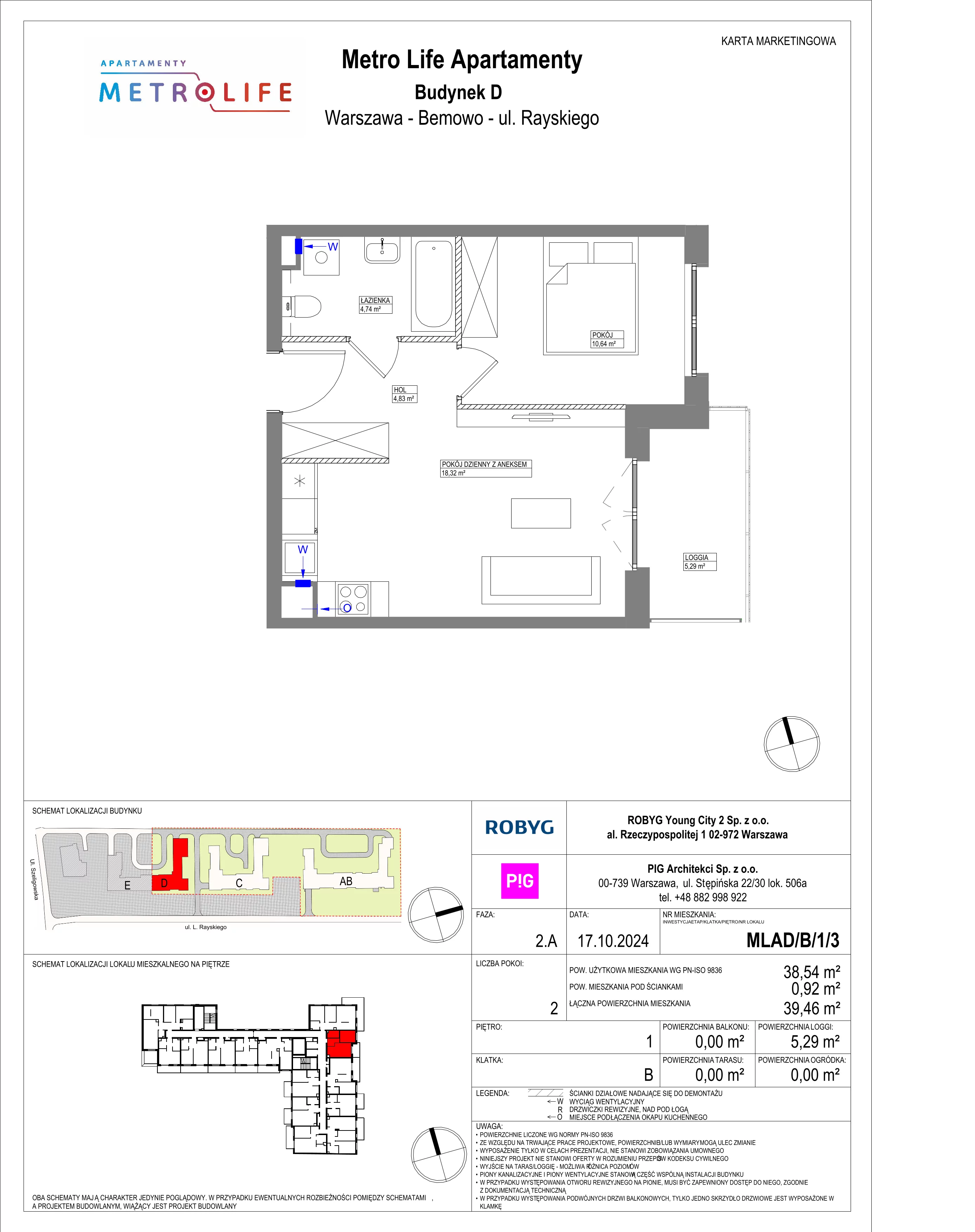 2 pokoje, mieszkanie 38,54 m², piętro 1, oferta nr MLAD/B/1/3, Metro Life Apartamenty, Warszawa, Bemowo, Chrzanów, ul. Rayskiego