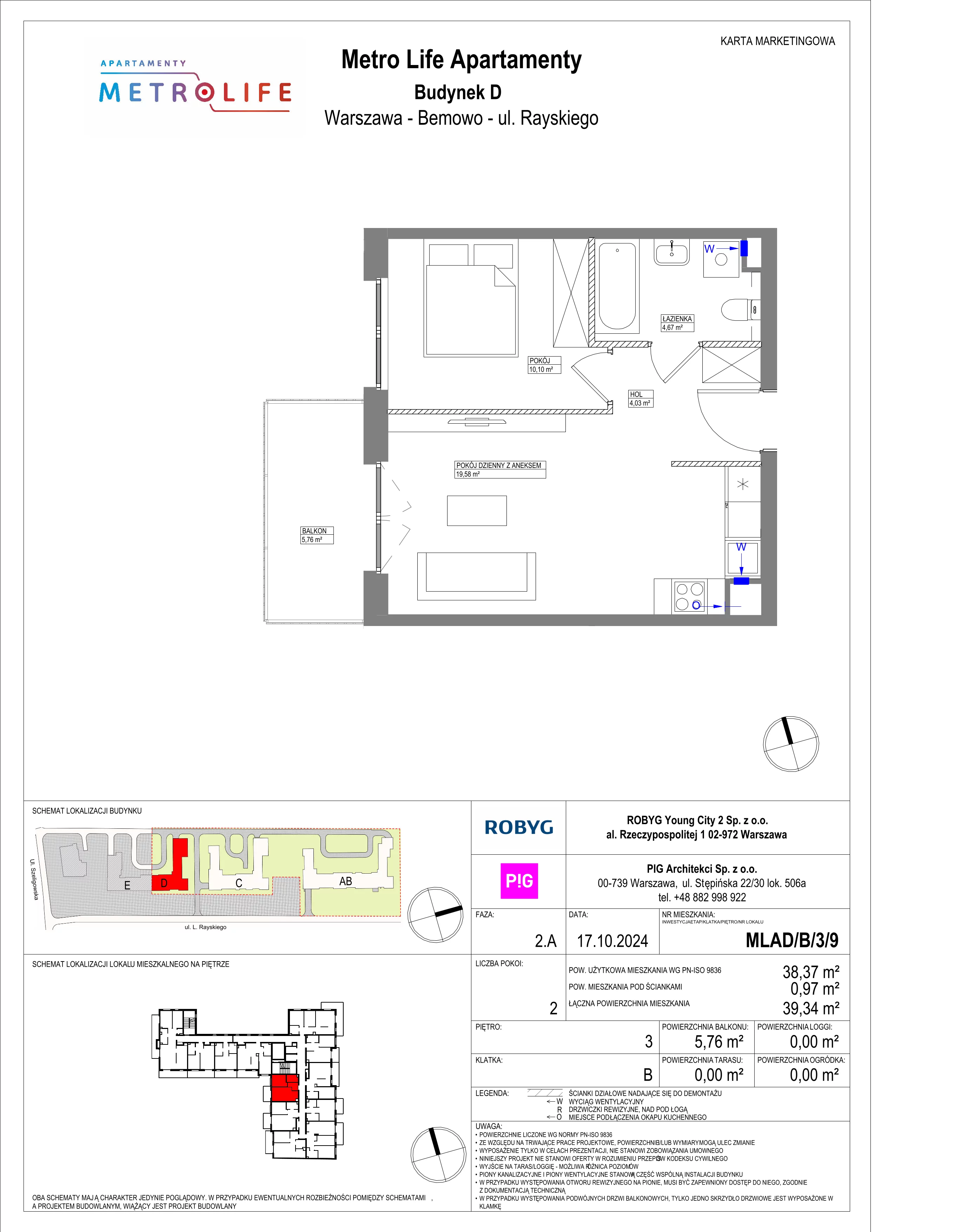 2 pokoje, mieszkanie 38,37 m², piętro 3, oferta nr MLAD/B/3/9, Metro Life Apartamenty, Warszawa, Bemowo, Chrzanów, ul. Rayskiego