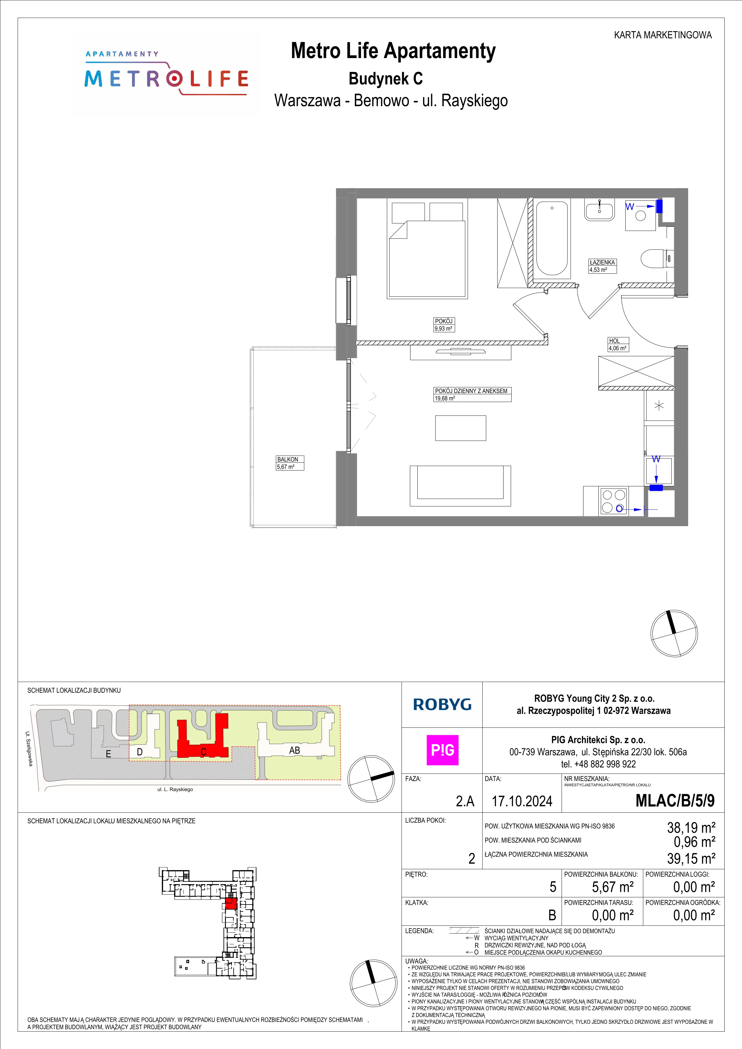 2 pokoje, mieszkanie 38,19 m², piętro 5, oferta nr MLAC/B/5/9, Metro Life Apartamenty, Warszawa, Bemowo, Chrzanów, ul. Rayskiego