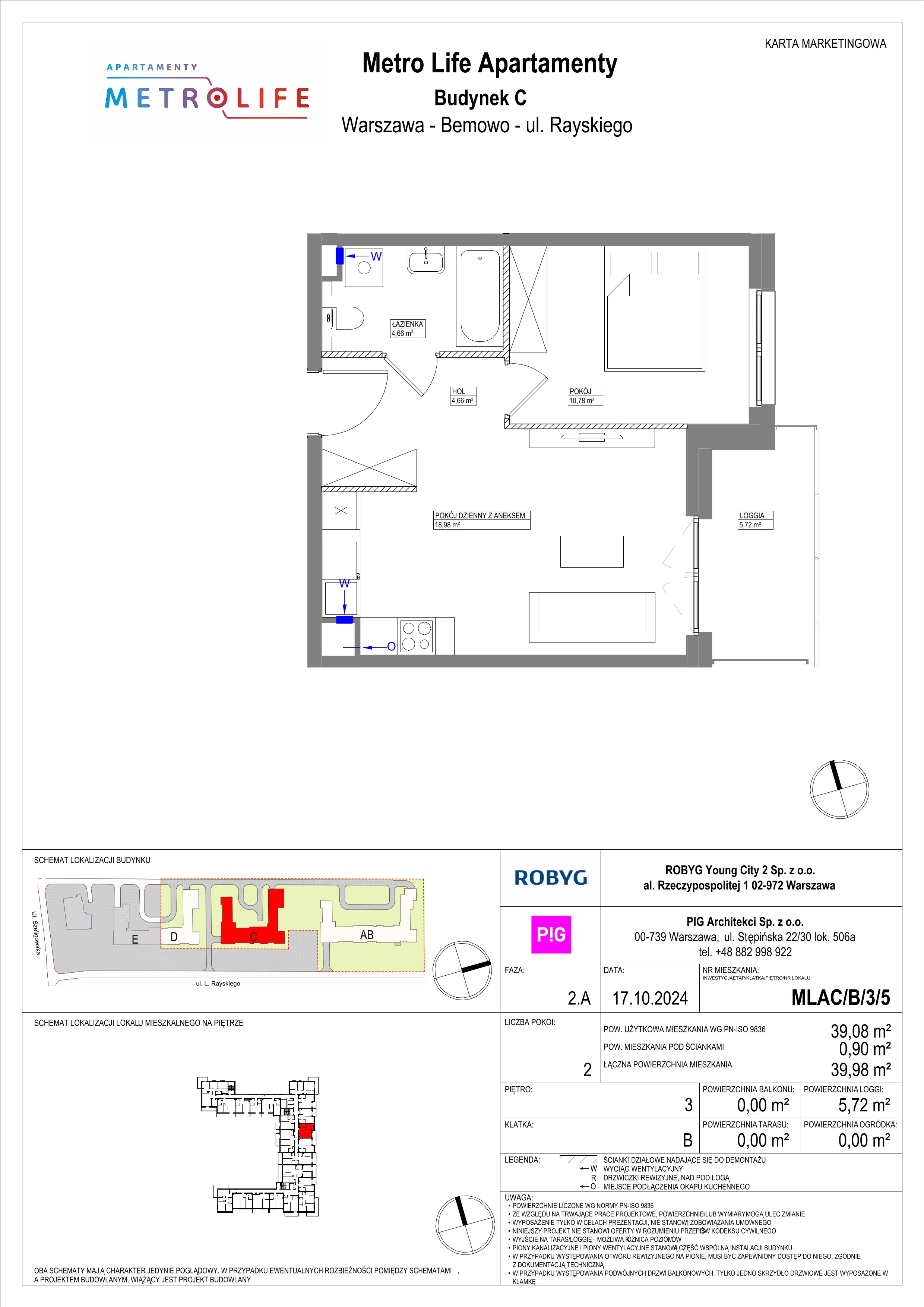 2 pokoje, mieszkanie 39,08 m², piętro 3, oferta nr MLAC/B/3/5, Metro Life Apartamenty, Warszawa, Bemowo, Chrzanów, ul. Rayskiego