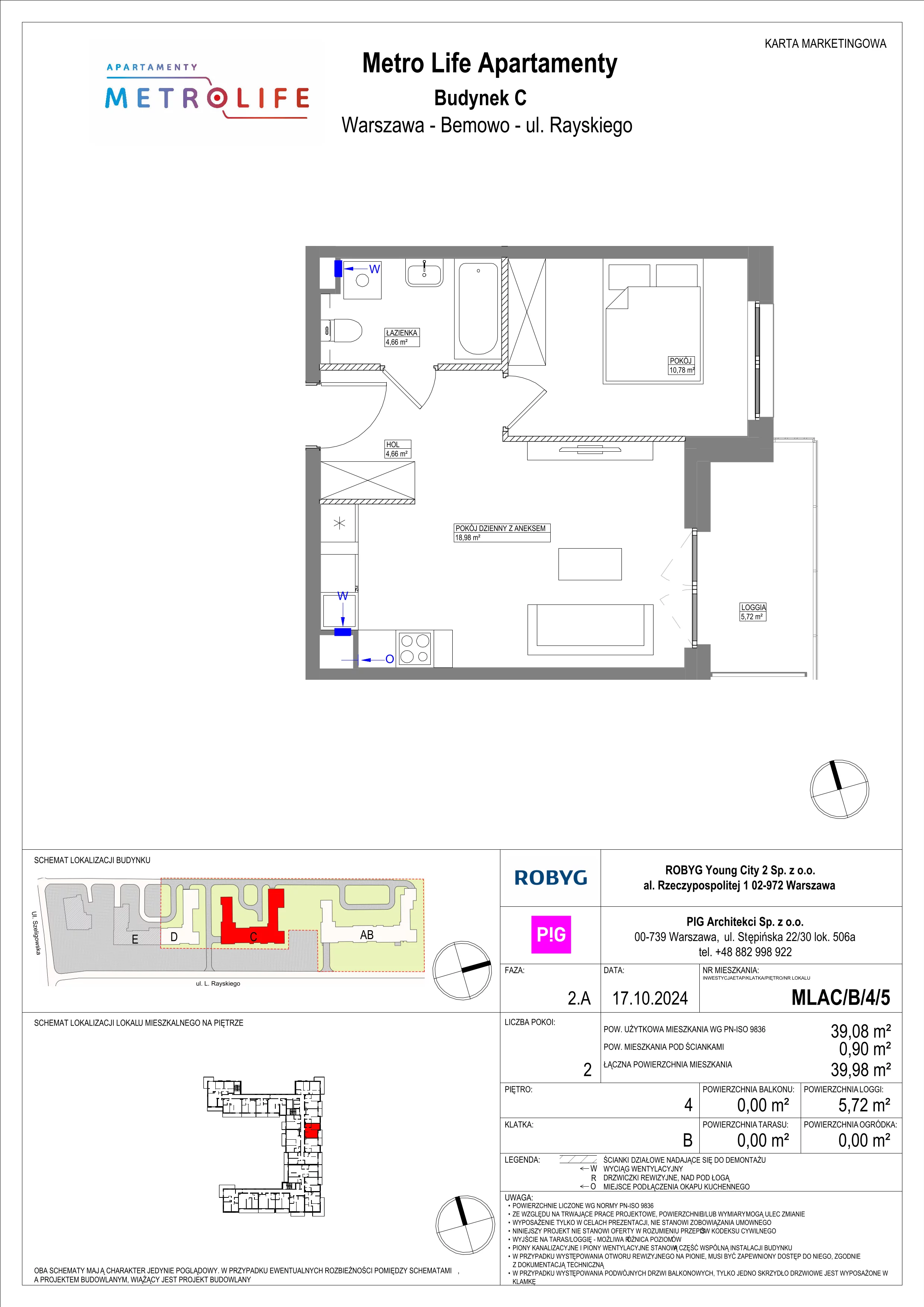2 pokoje, mieszkanie 39,08 m², piętro 4, oferta nr MLAC/B/4/5, Metro Life Apartamenty, Warszawa, Bemowo, Chrzanów, ul. Rayskiego