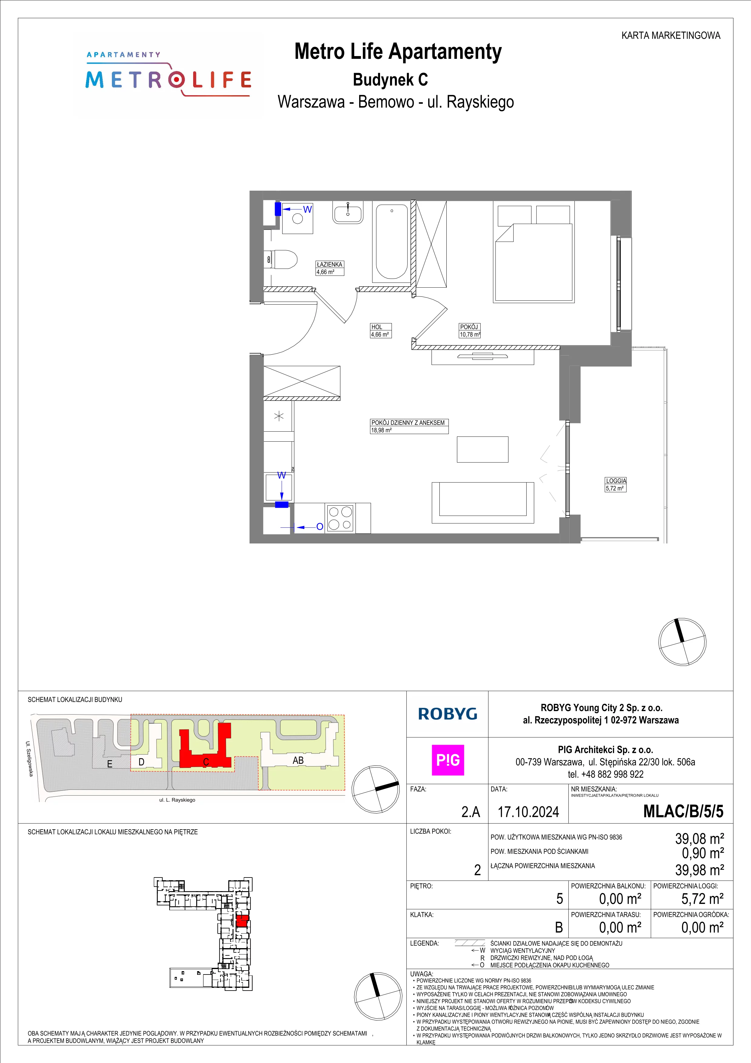 2 pokoje, mieszkanie 39,08 m², piętro 5, oferta nr MLAC/B/5/5, Metro Life Apartamenty, Warszawa, Bemowo, Chrzanów, ul. Rayskiego
