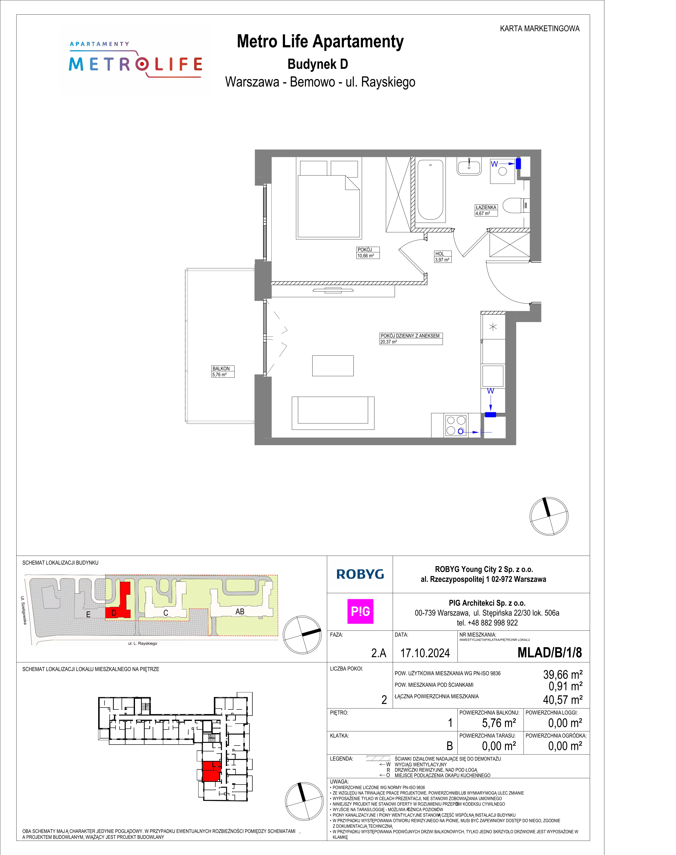 2 pokoje, mieszkanie 39,66 m², piętro 1, oferta nr MLAD/B/1/8, Metro Life Apartamenty, Warszawa, Bemowo, Chrzanów, ul. Rayskiego