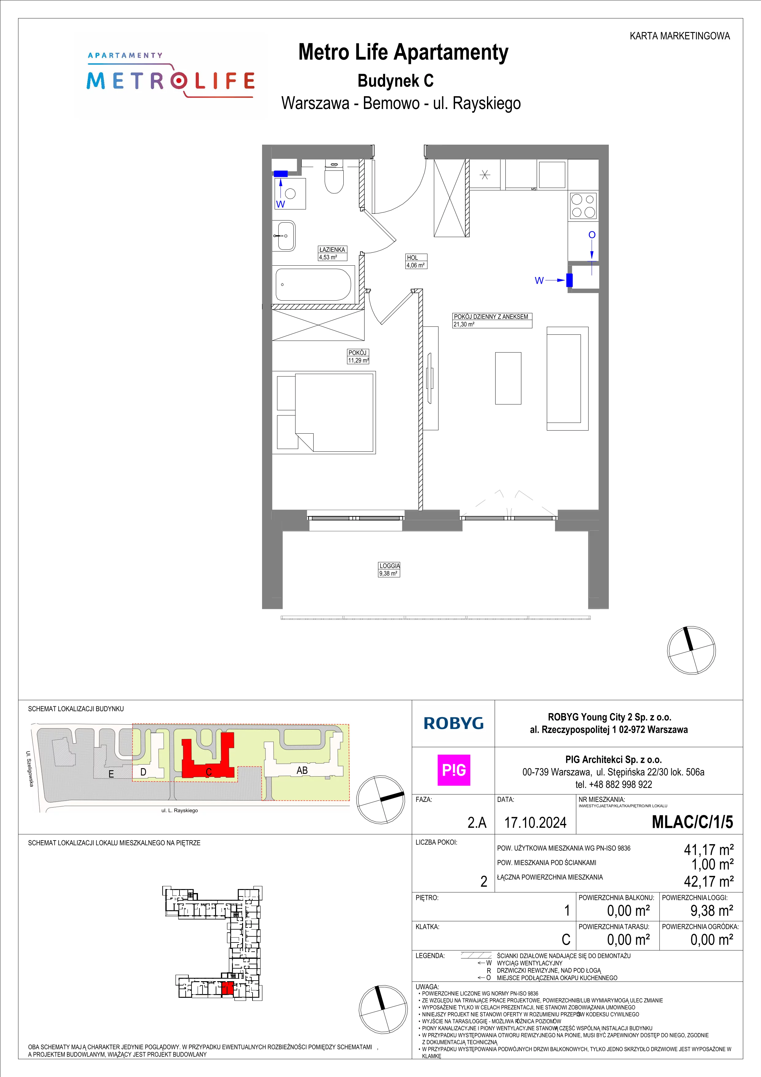2 pokoje, mieszkanie 41,17 m², piętro 1, oferta nr MLAC/C/1/5, Metro Life Apartamenty, Warszawa, Bemowo, Chrzanów, ul. Rayskiego