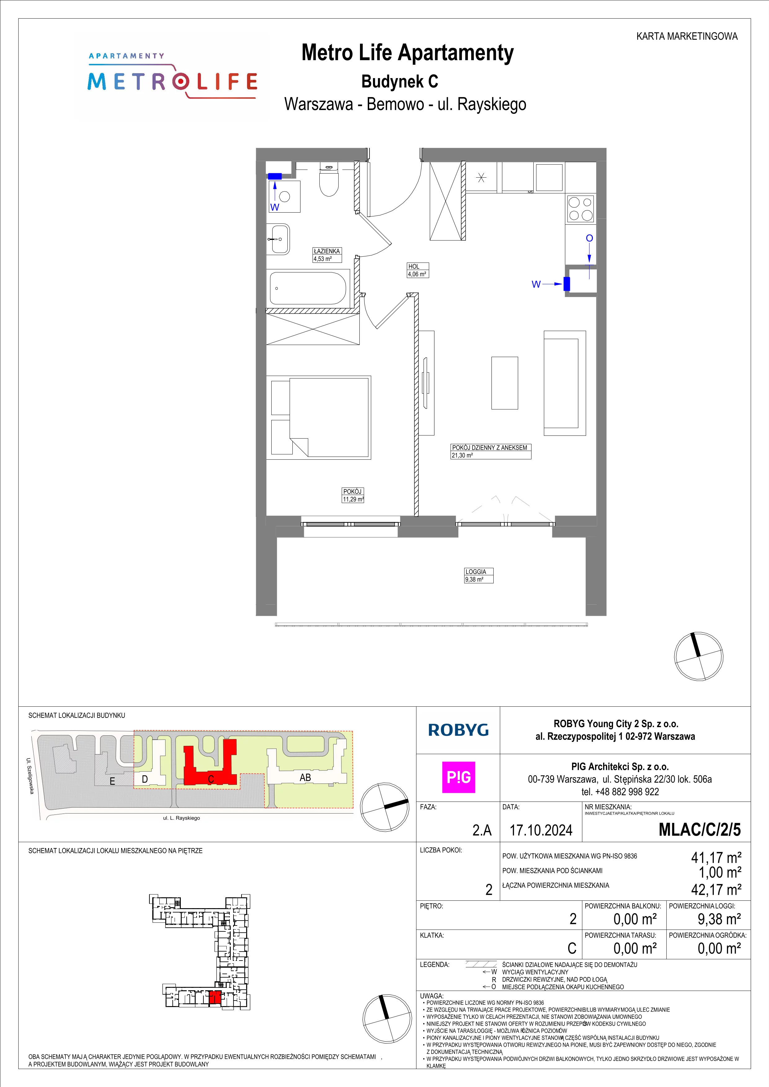 2 pokoje, mieszkanie 41,17 m², piętro 2, oferta nr MLAC/C/2/5, Metro Life Apartamenty, Warszawa, Bemowo, Chrzanów, ul. Rayskiego