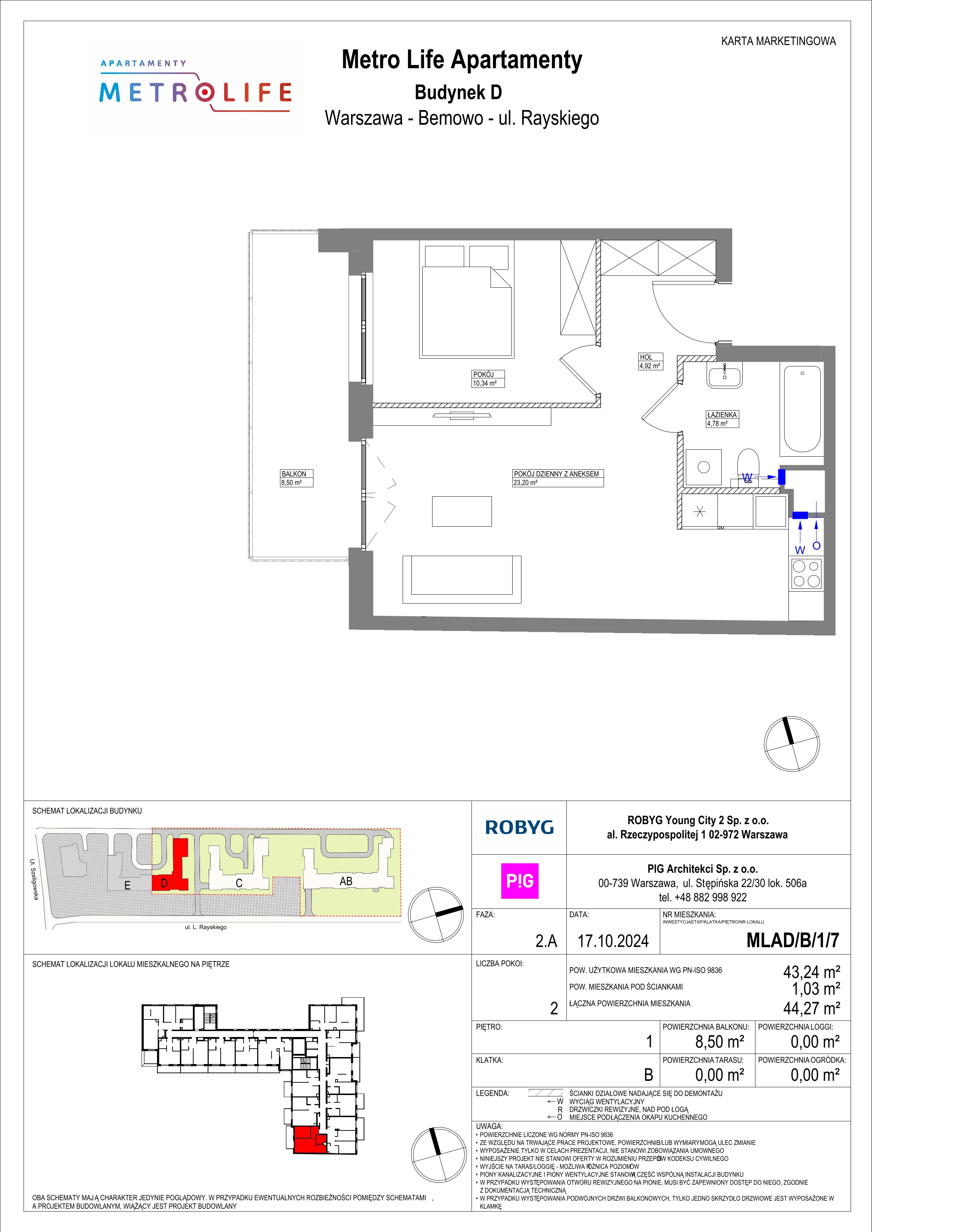 2 pokoje, mieszkanie 43,24 m², piętro 1, oferta nr MLAD/B/1/7, Metro Life Apartamenty, Warszawa, Bemowo, Chrzanów, ul. Rayskiego