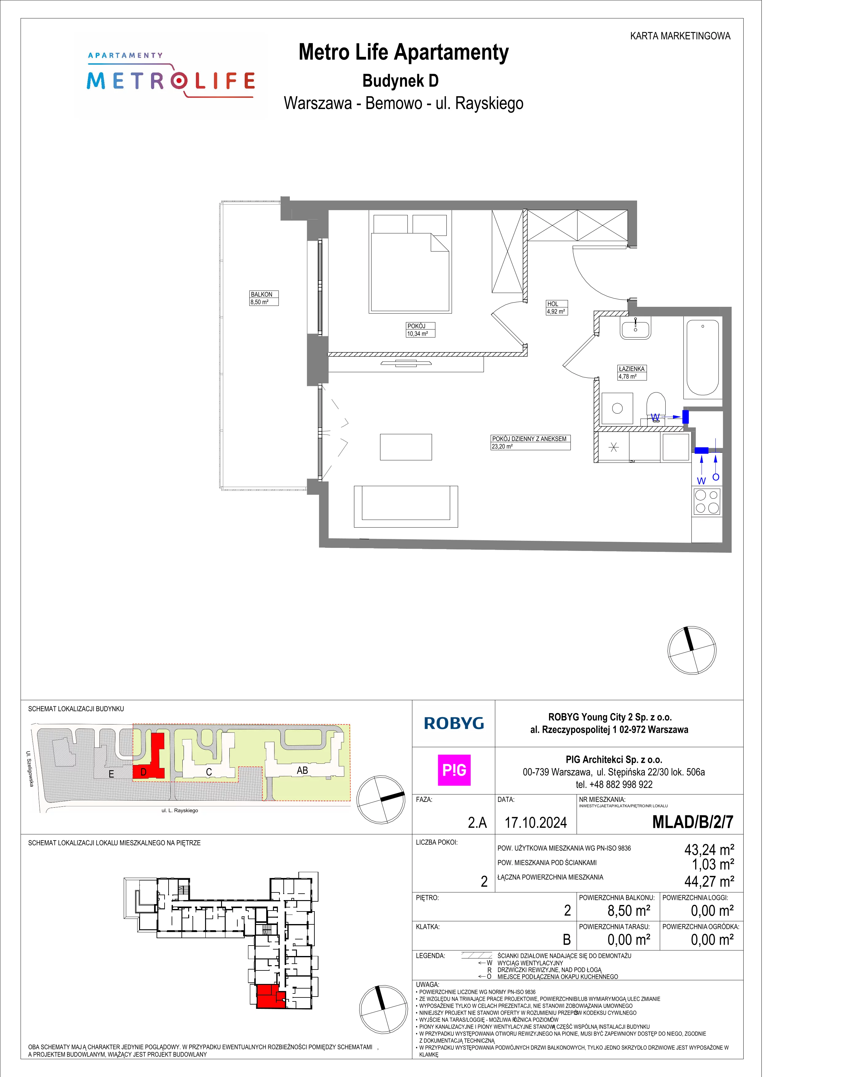 2 pokoje, mieszkanie 43,24 m², piętro 2, oferta nr MLAD/B/2/7, Metro Life Apartamenty, Warszawa, Bemowo, Chrzanów, ul. Rayskiego