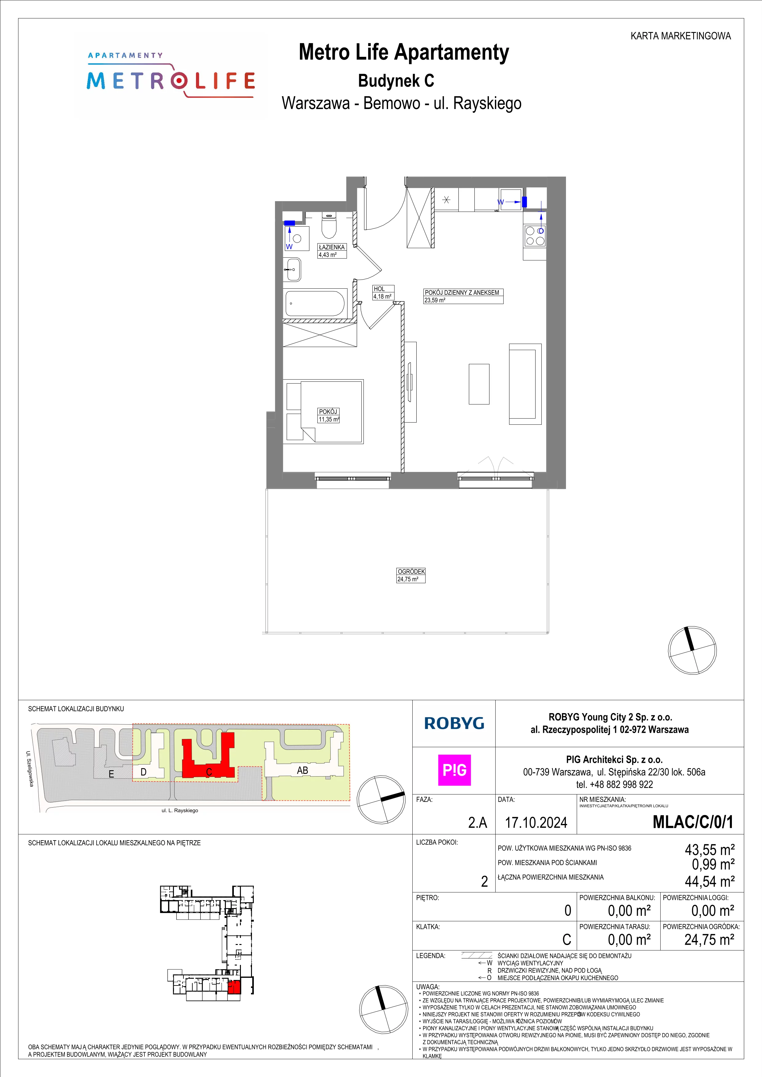 2 pokoje, mieszkanie 43,55 m², parter, oferta nr MLAC/C/0/1, Metro Life Apartamenty, Warszawa, Bemowo, Chrzanów, ul. Rayskiego