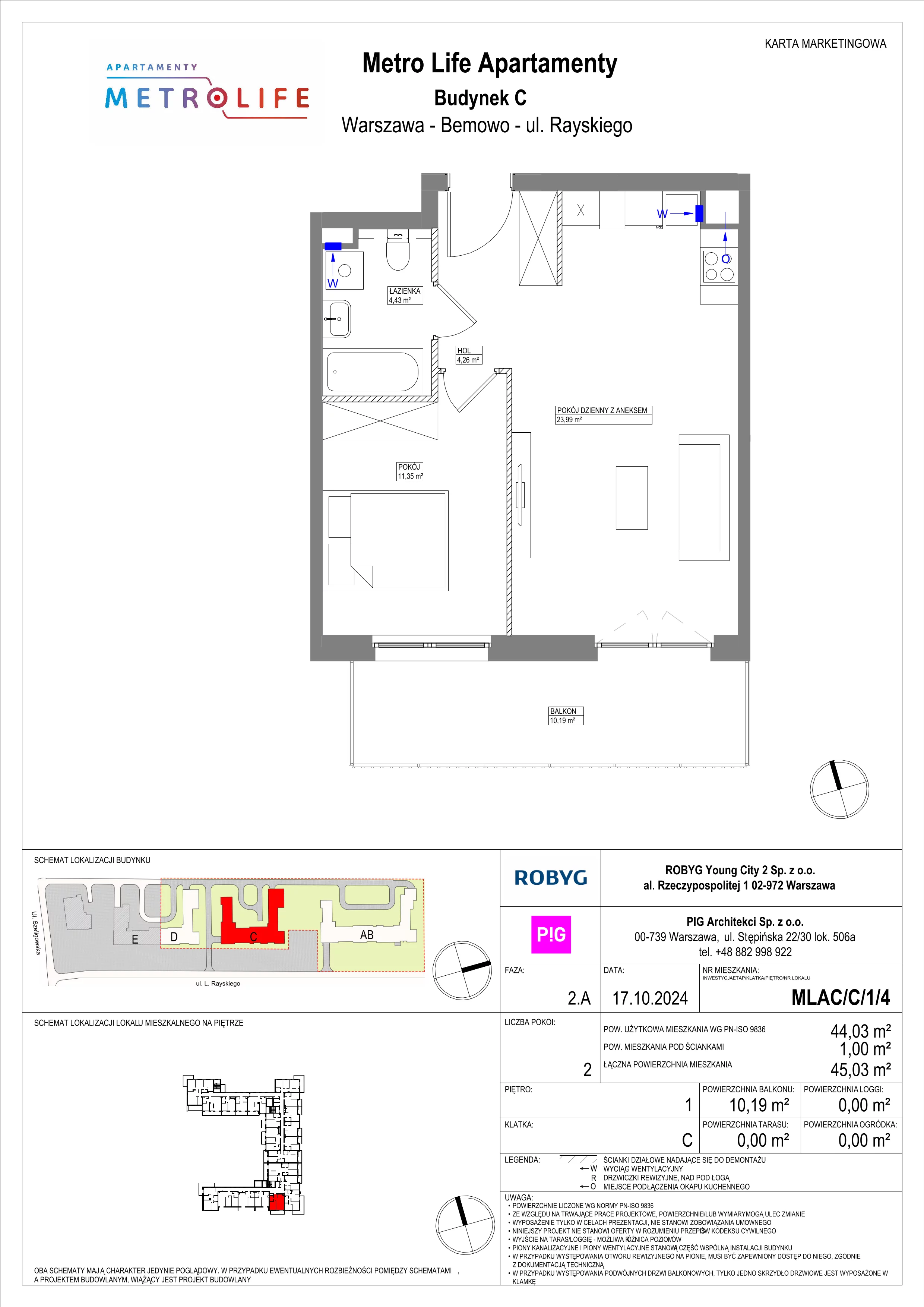 2 pokoje, mieszkanie 44,03 m², piętro 1, oferta nr MLAC/C/1/4, Metro Life Apartamenty, Warszawa, Bemowo, Chrzanów, ul. Rayskiego