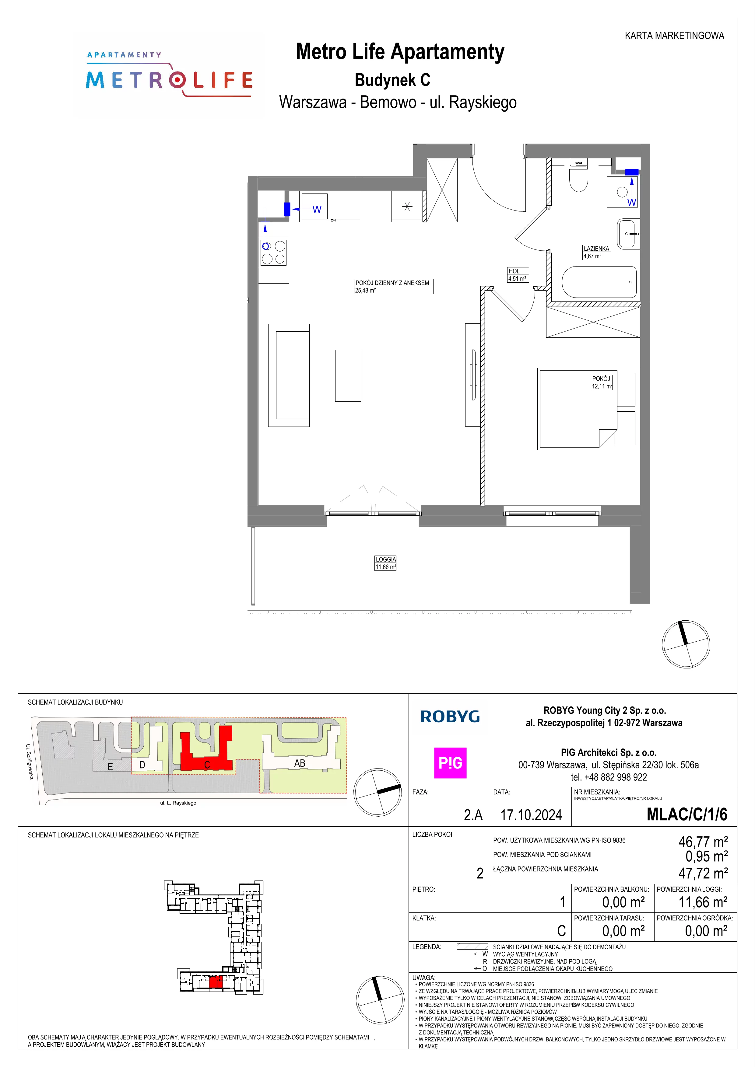 2 pokoje, mieszkanie 46,77 m², piętro 1, oferta nr MLAC/C/1/6, Metro Life Apartamenty, Warszawa, Bemowo, Chrzanów, ul. Rayskiego