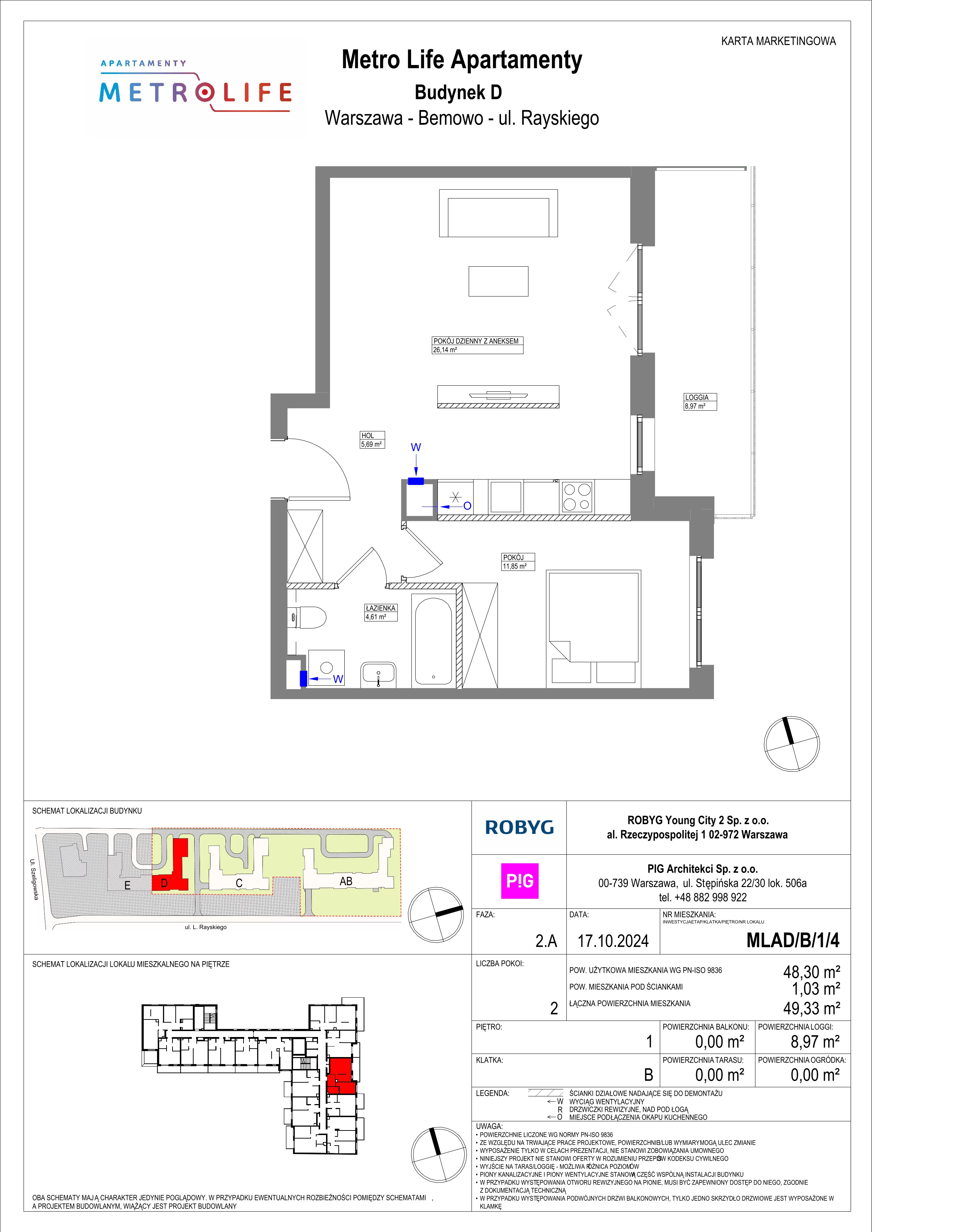 2 pokoje, mieszkanie 48,30 m², piętro 1, oferta nr MLAD/B/1/4, Metro Life Apartamenty, Warszawa, Bemowo, Chrzanów, ul. Rayskiego