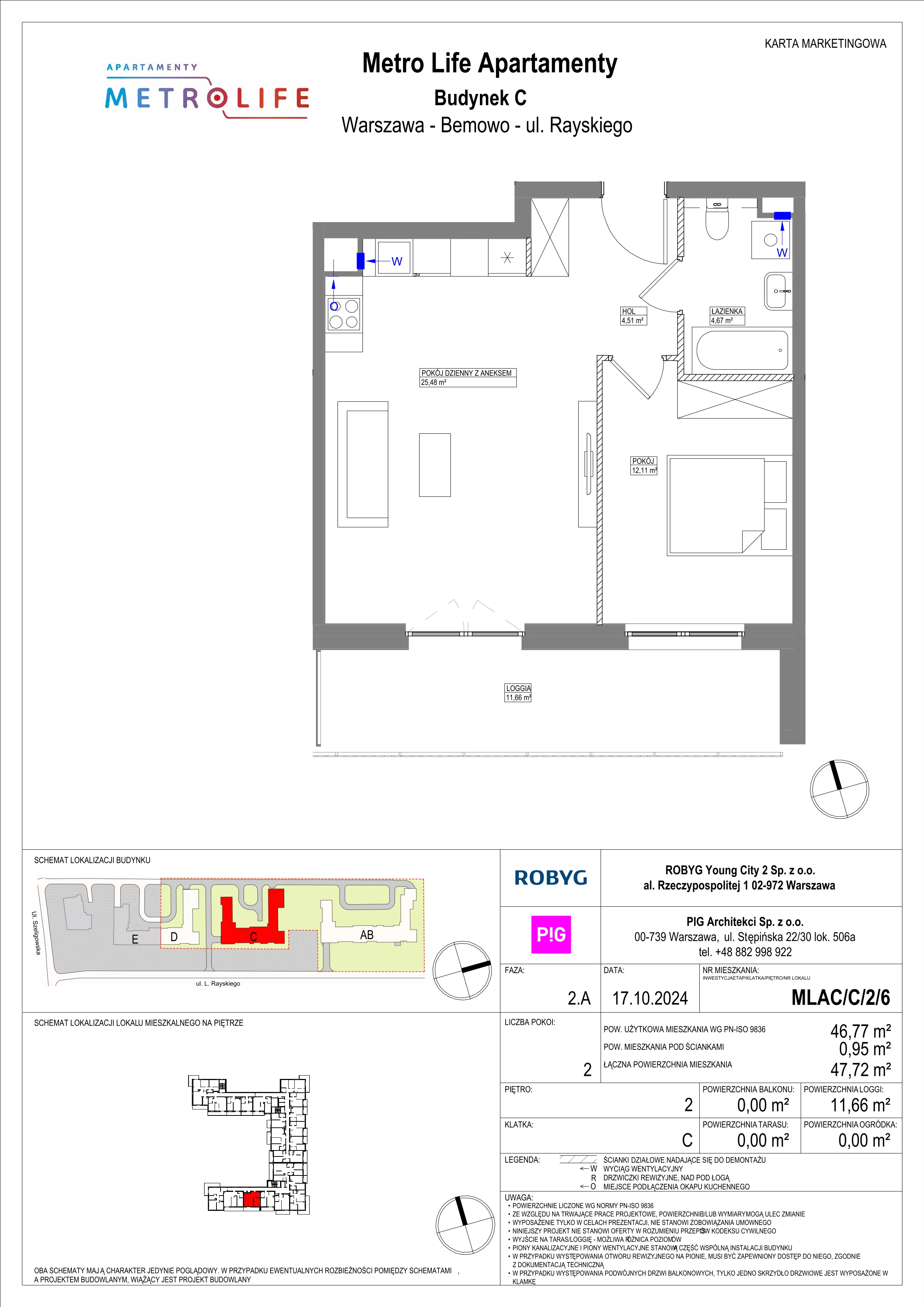 2 pokoje, mieszkanie 46,77 m², piętro 2, oferta nr MLAC/C/2/6, Metro Life Apartamenty, Warszawa, Bemowo, Chrzanów, ul. Rayskiego