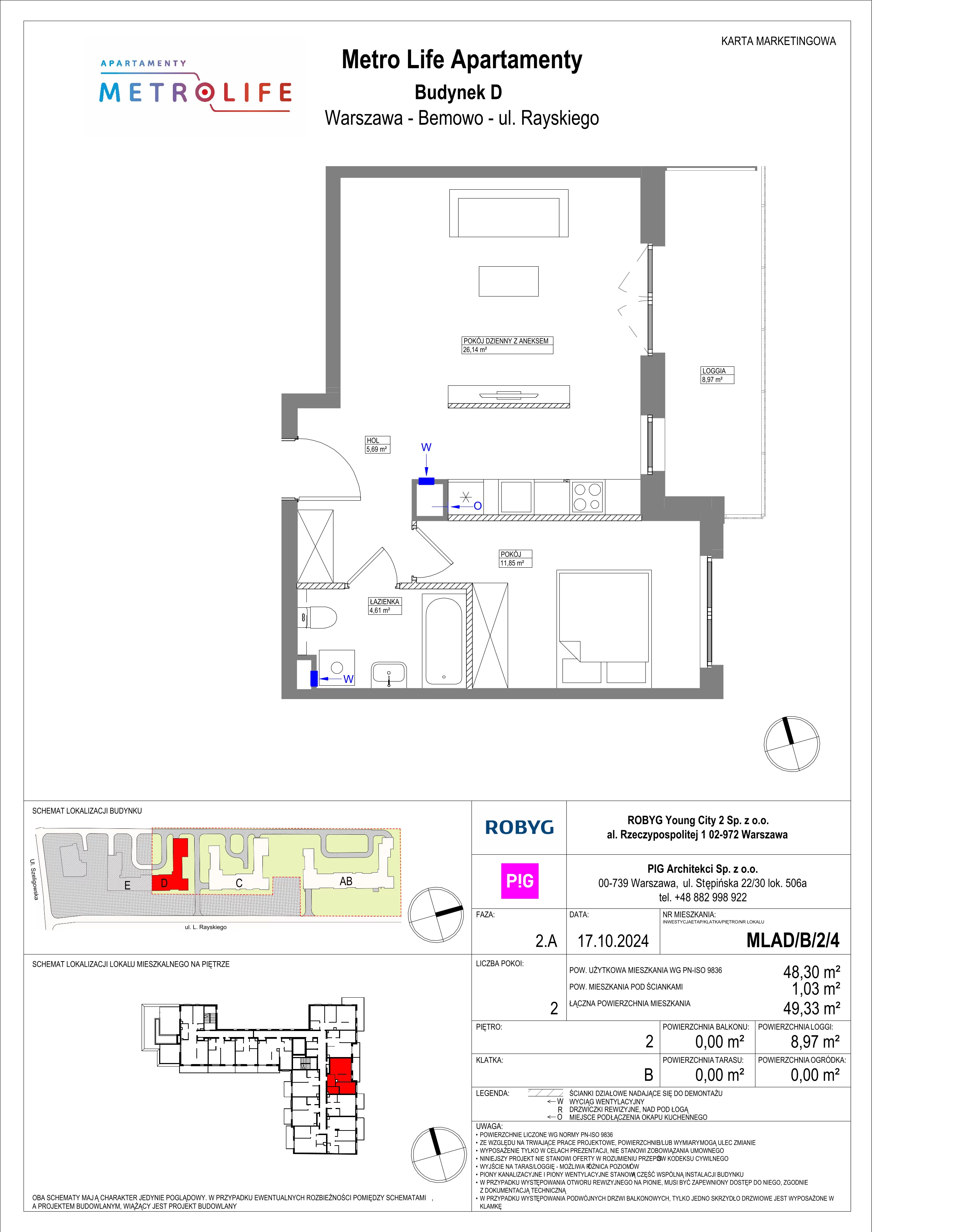 2 pokoje, mieszkanie 48,30 m², piętro 2, oferta nr MLAD/B/2/4, Metro Life Apartamenty, Warszawa, Bemowo, Chrzanów, ul. Rayskiego