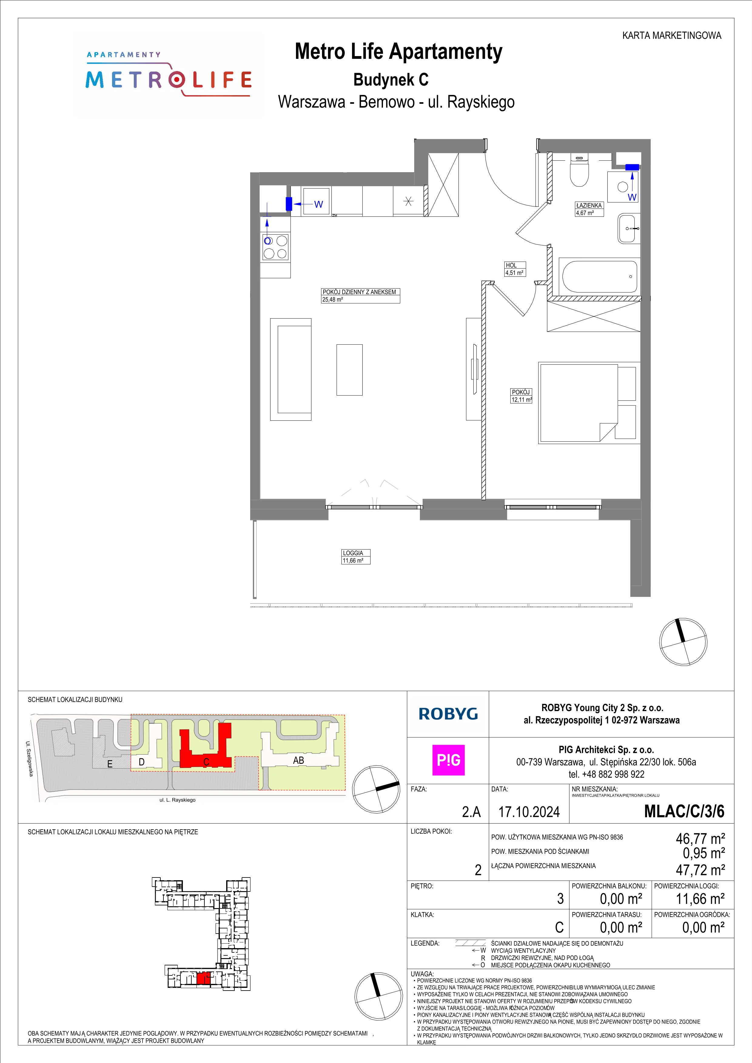 2 pokoje, mieszkanie 46,77 m², piętro 3, oferta nr MLAC/C/3/6, Metro Life Apartamenty, Warszawa, Bemowo, Chrzanów, ul. Rayskiego