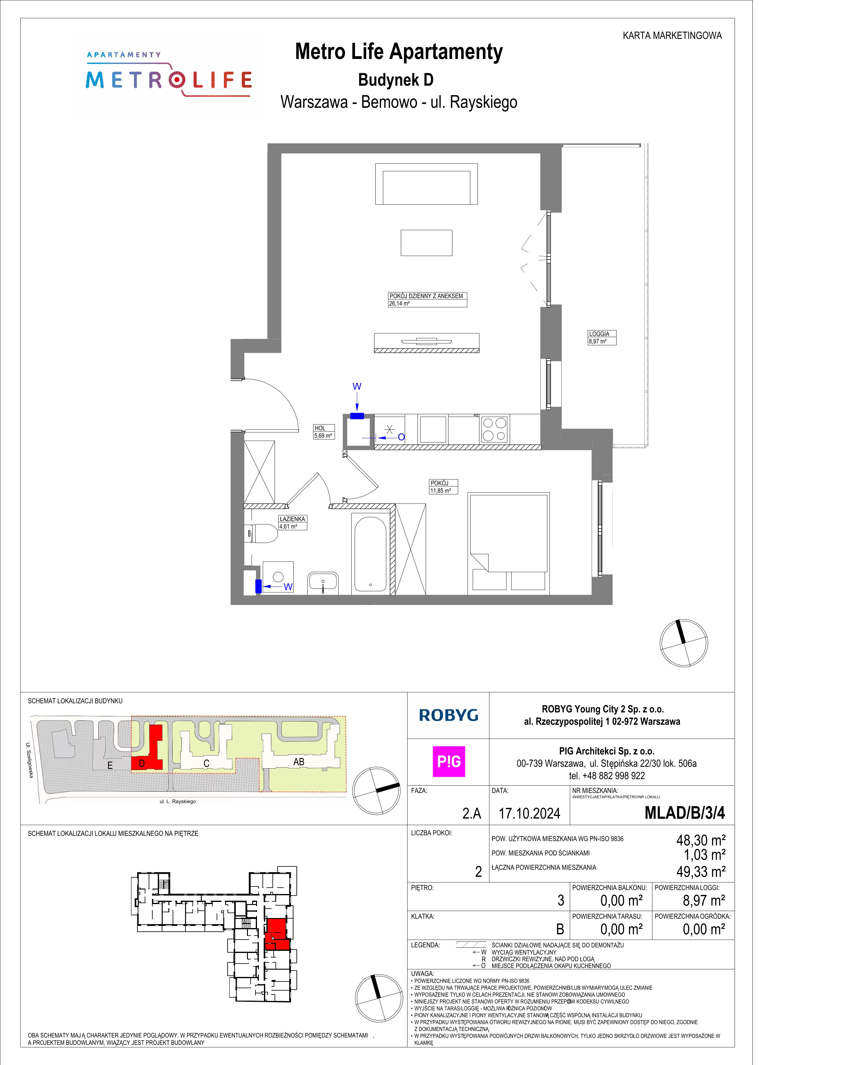 2 pokoje, mieszkanie 48,30 m², piętro 3, oferta nr MLAD/B/3/4, Metro Life Apartamenty, Warszawa, Bemowo, Chrzanów, ul. Rayskiego