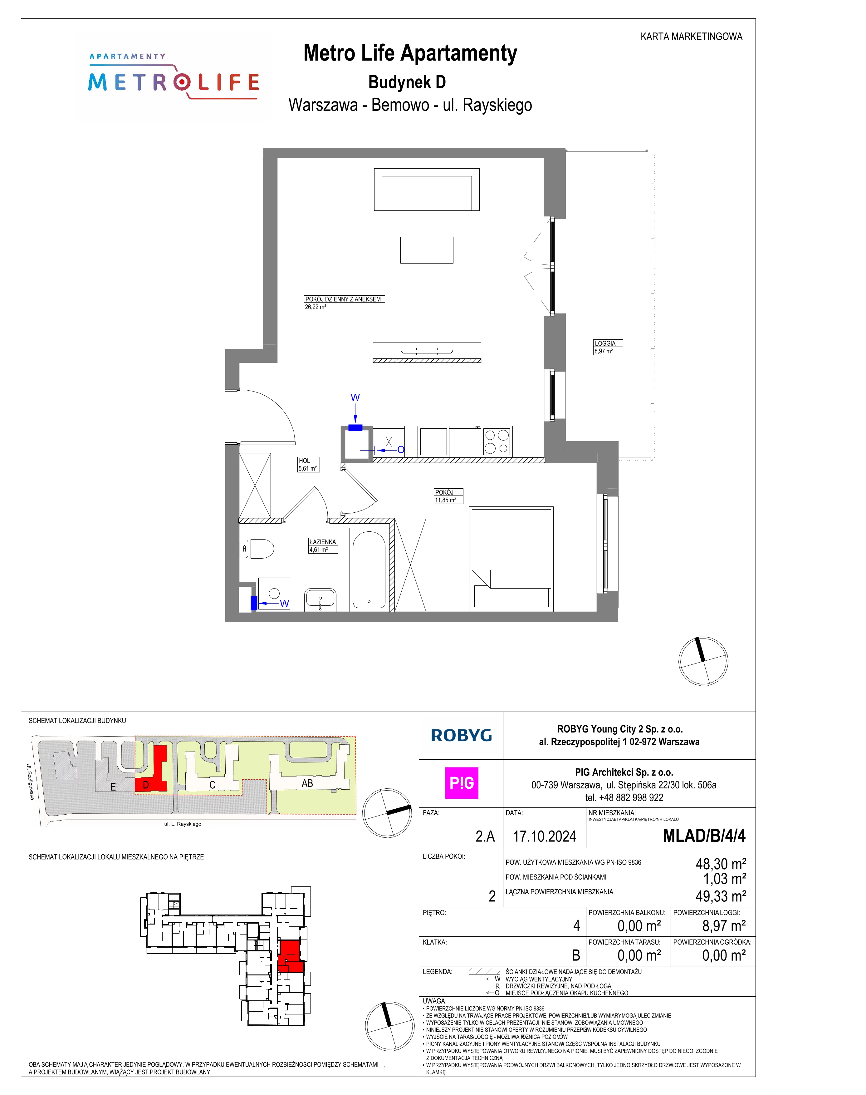 2 pokoje, mieszkanie 48,30 m², piętro 4, oferta nr MLAD/B/4/4, Metro Life Apartamenty, Warszawa, Bemowo, Chrzanów, ul. Rayskiego