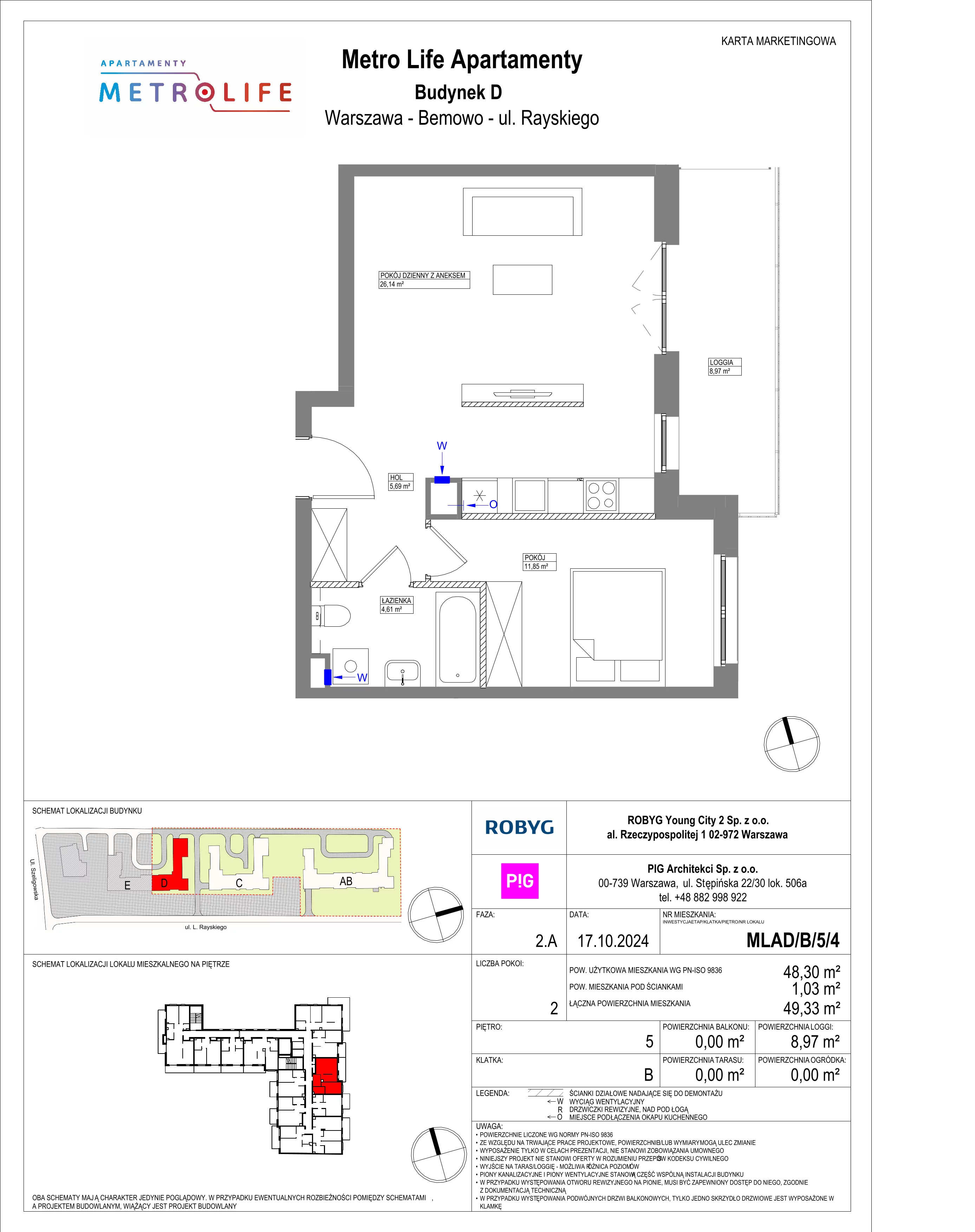 2 pokoje, mieszkanie 48,30 m², piętro 5, oferta nr MLAD/B/5/4, Metro Life Apartamenty, Warszawa, Bemowo, Chrzanów, ul. Rayskiego