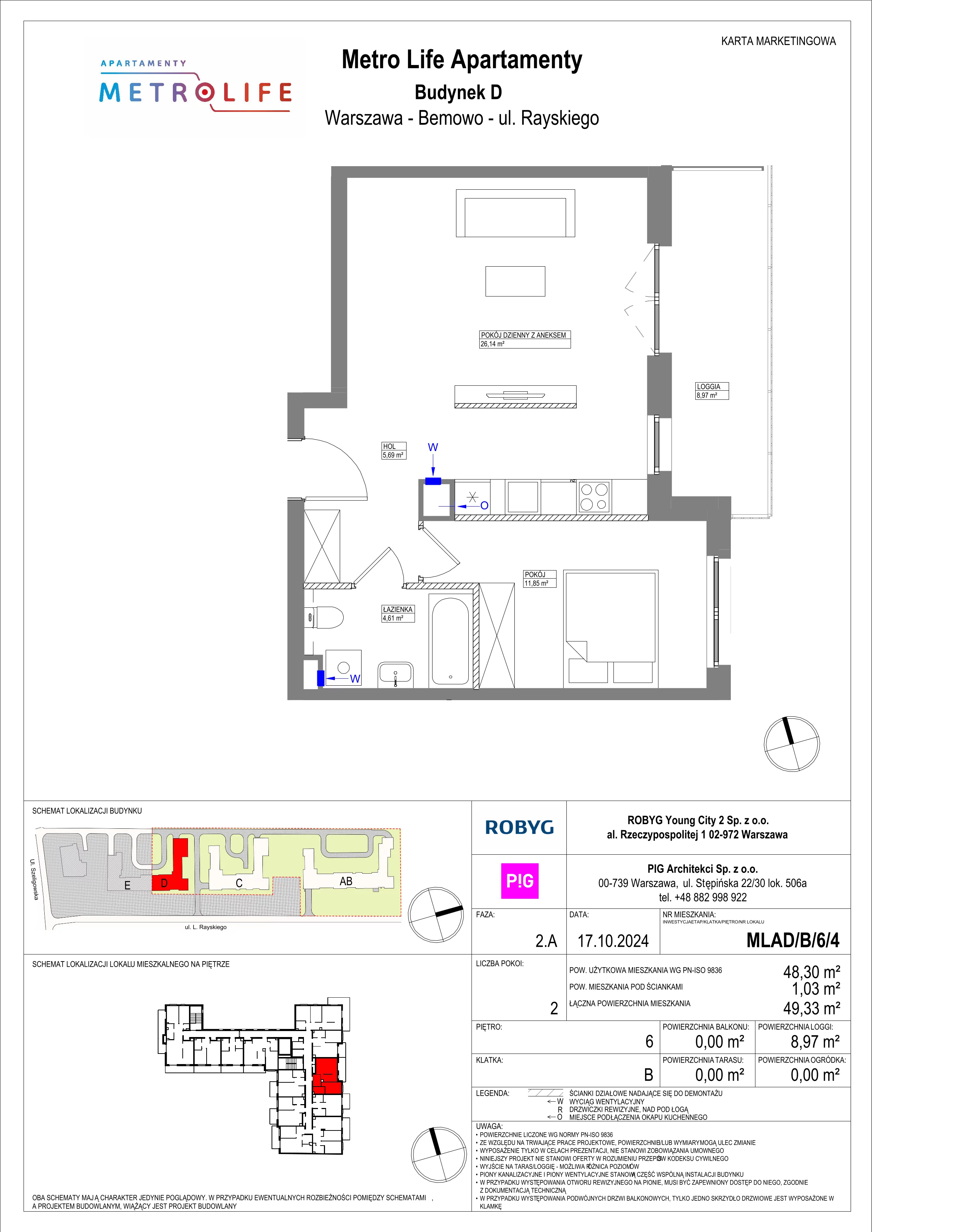 2 pokoje, mieszkanie 48,30 m², piętro 6, oferta nr MLAD/B/6/4, Metro Life Apartamenty, Warszawa, Bemowo, Chrzanów, ul. Rayskiego